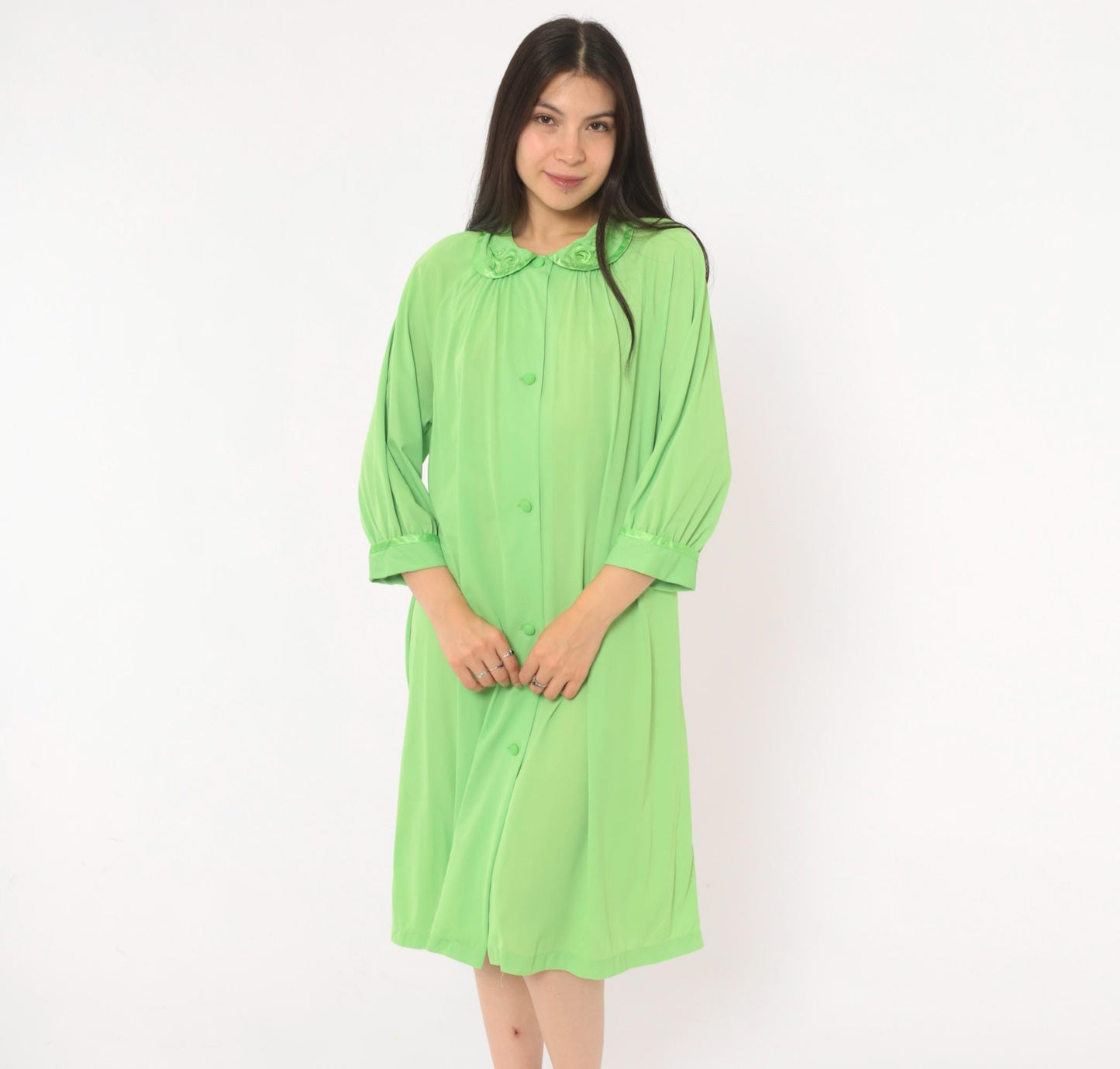 70s Mint Green Button-Front Housecoat Peter Pan Collar Satin Trim Large L