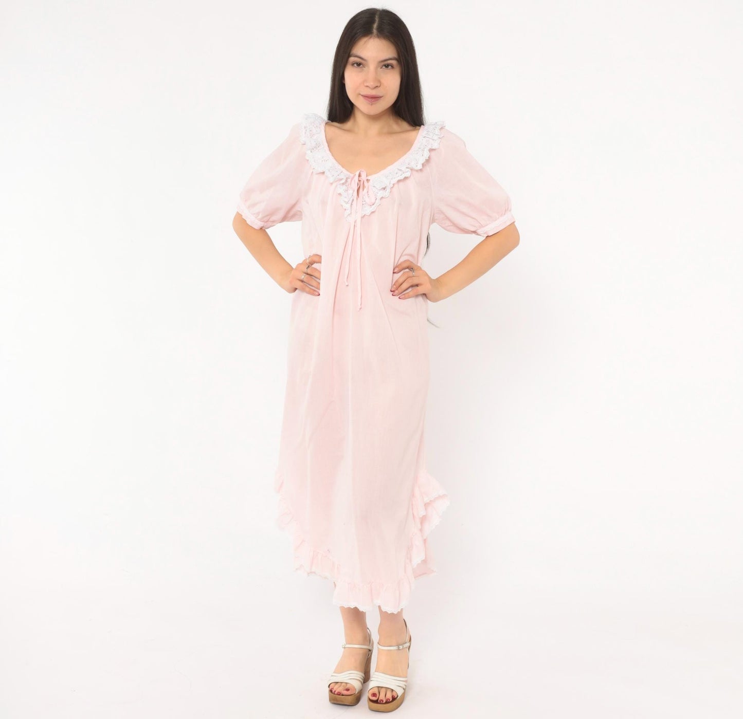 90s Apostrophe Pink Lace Nightgown Puff Sleeve Tie Front Medium M