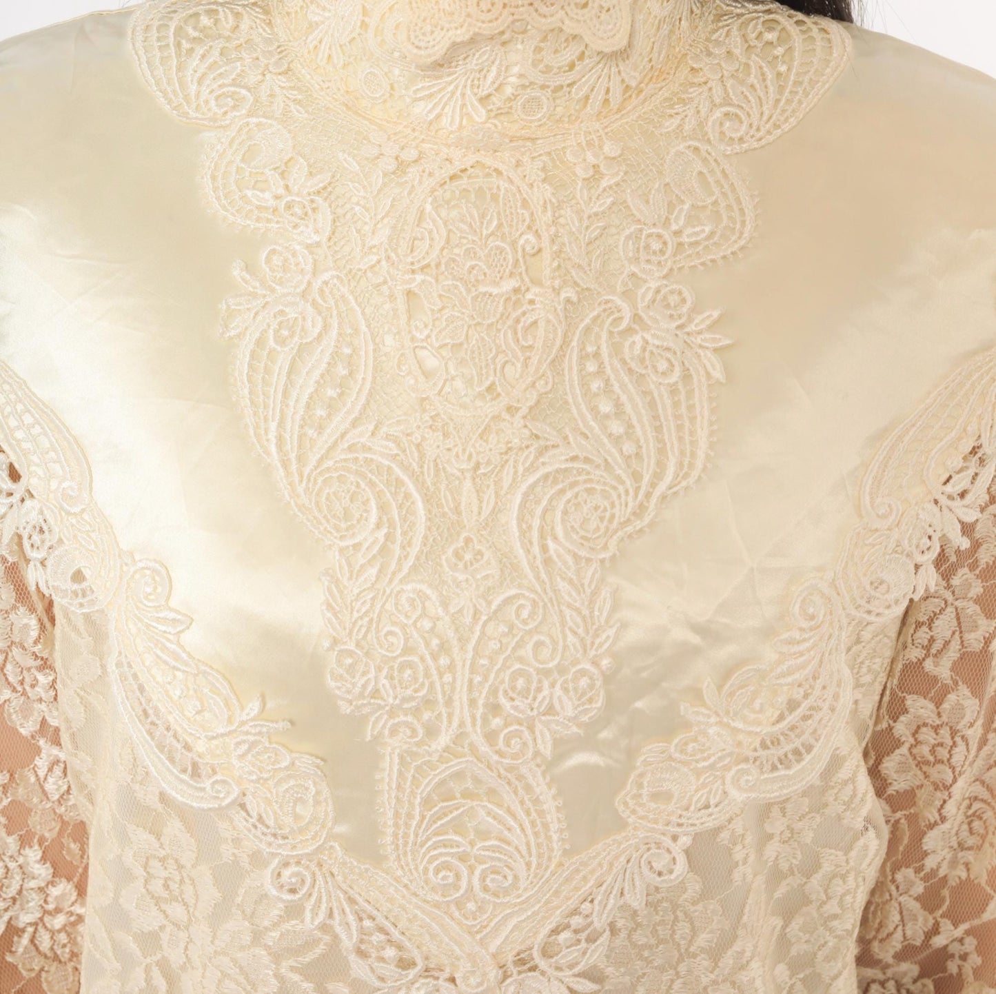 80s Jessica Mclintock Cream Lace Mermaid Wedding Dress High Neck Satin Bib Medium M