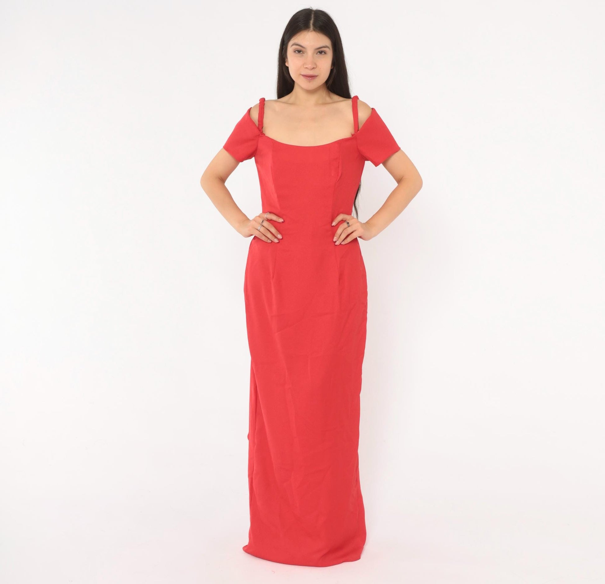 90s Red Off-Shoulder Maxi Gown Spaghetti Strap Bow Back Medium M