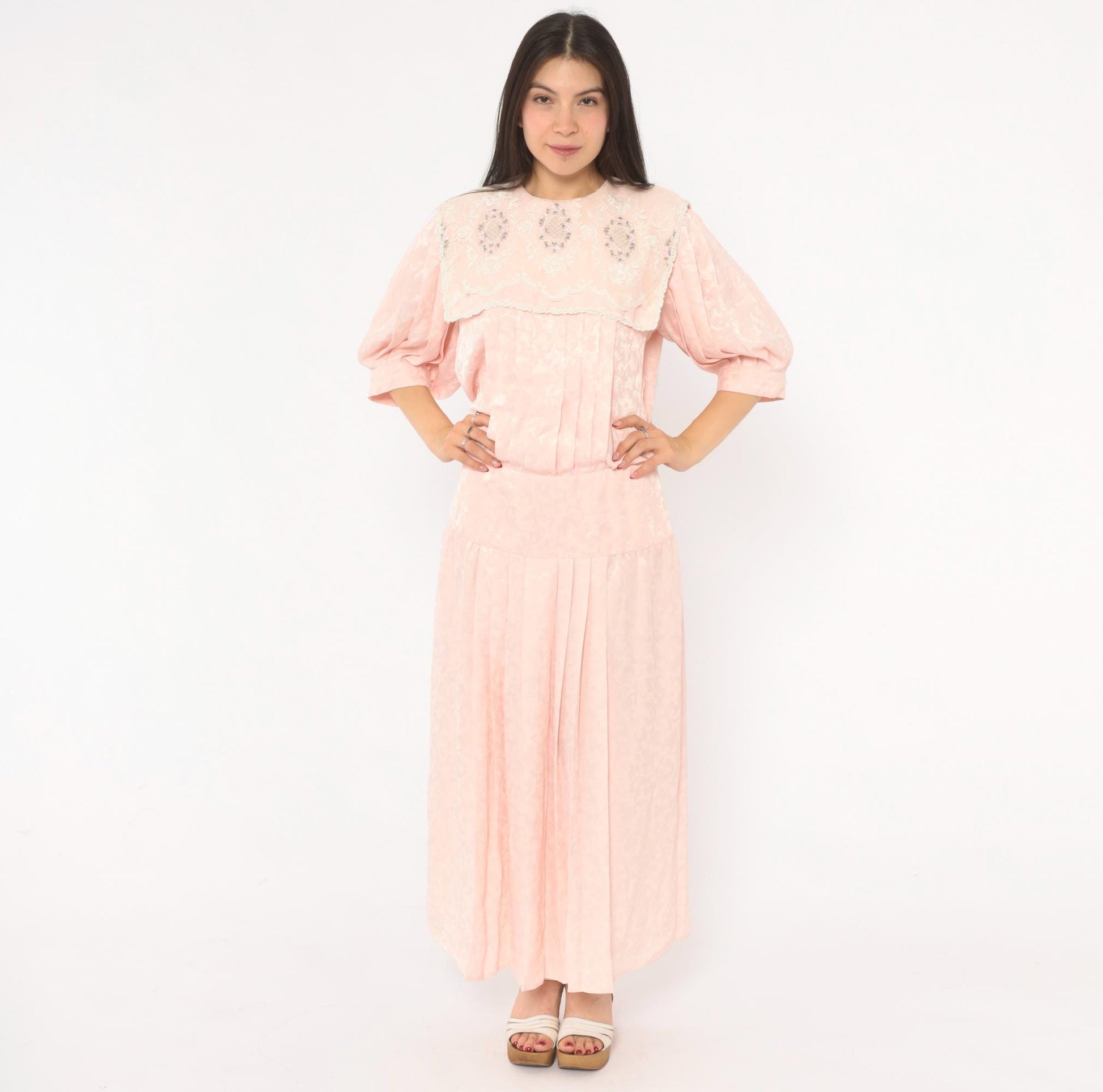 80s Nilani Blush Pink Maxi Dress Lace Cape Collar Floral Jacquard Small
