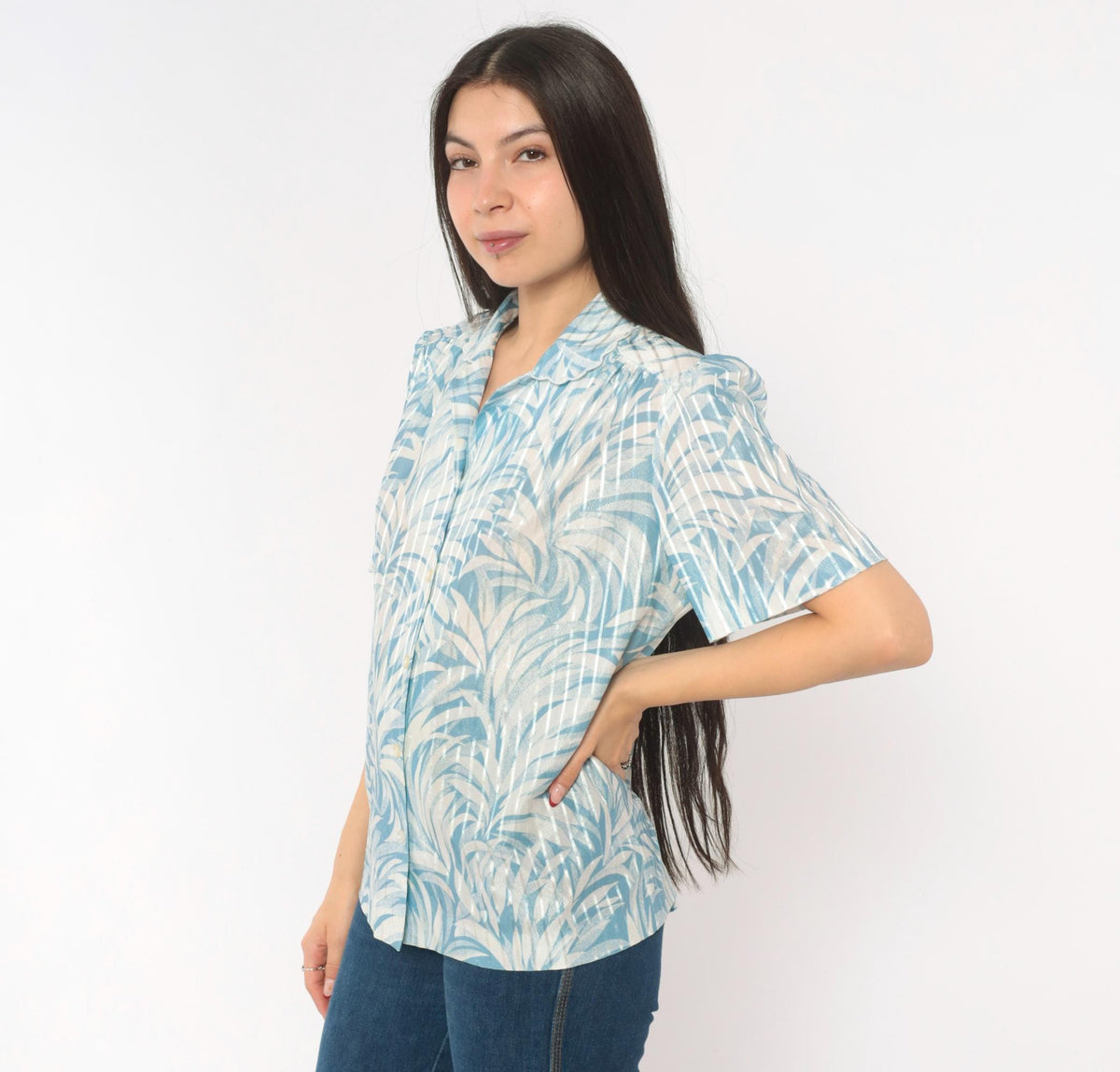 70s Graff Palm Leaf Blouse Blue White Tropical Print Button-Up Medium
