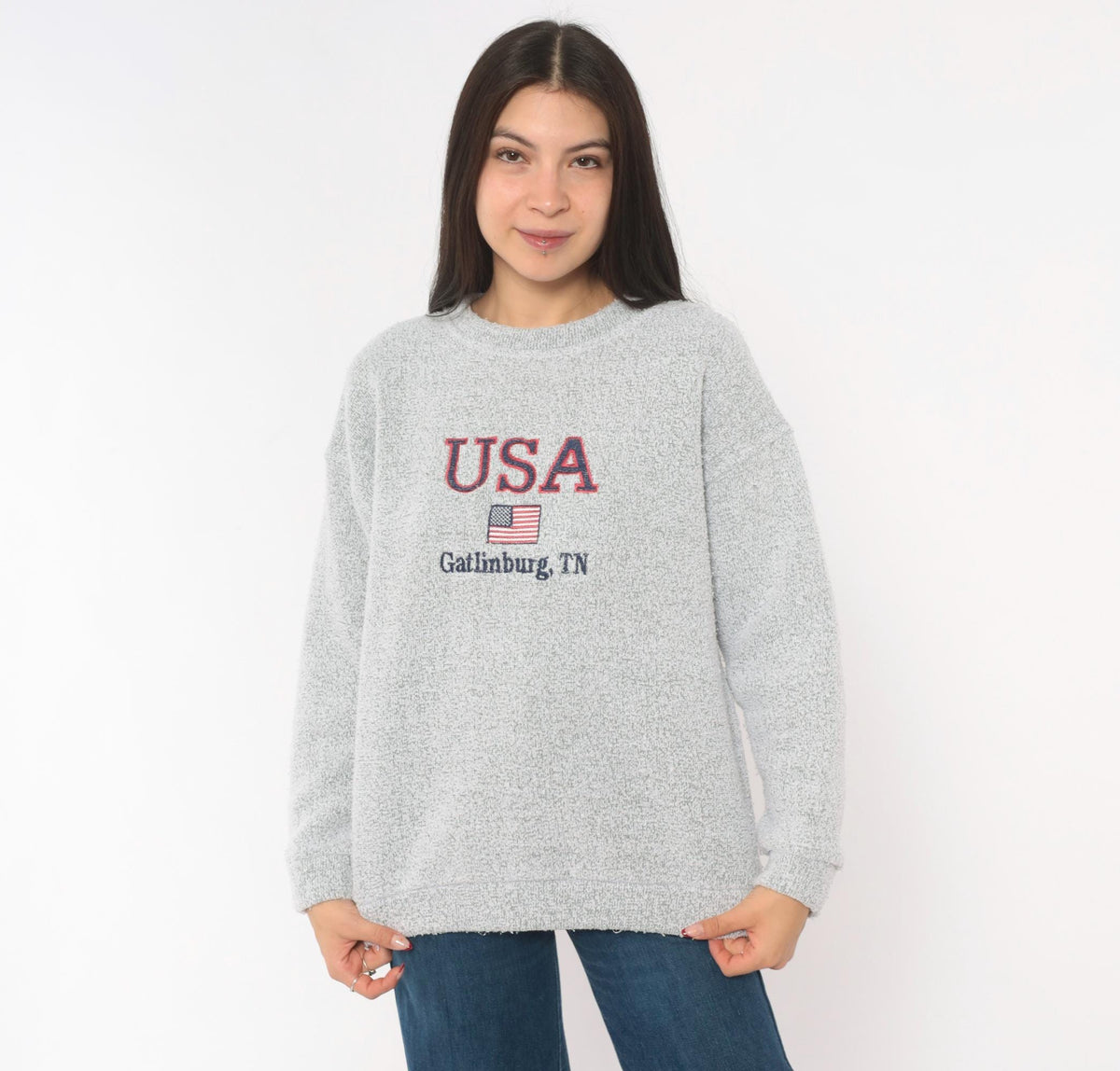 90s Gatlinburg Tennessee USA Flag Embroidered Grey Knit Pullover Medium M