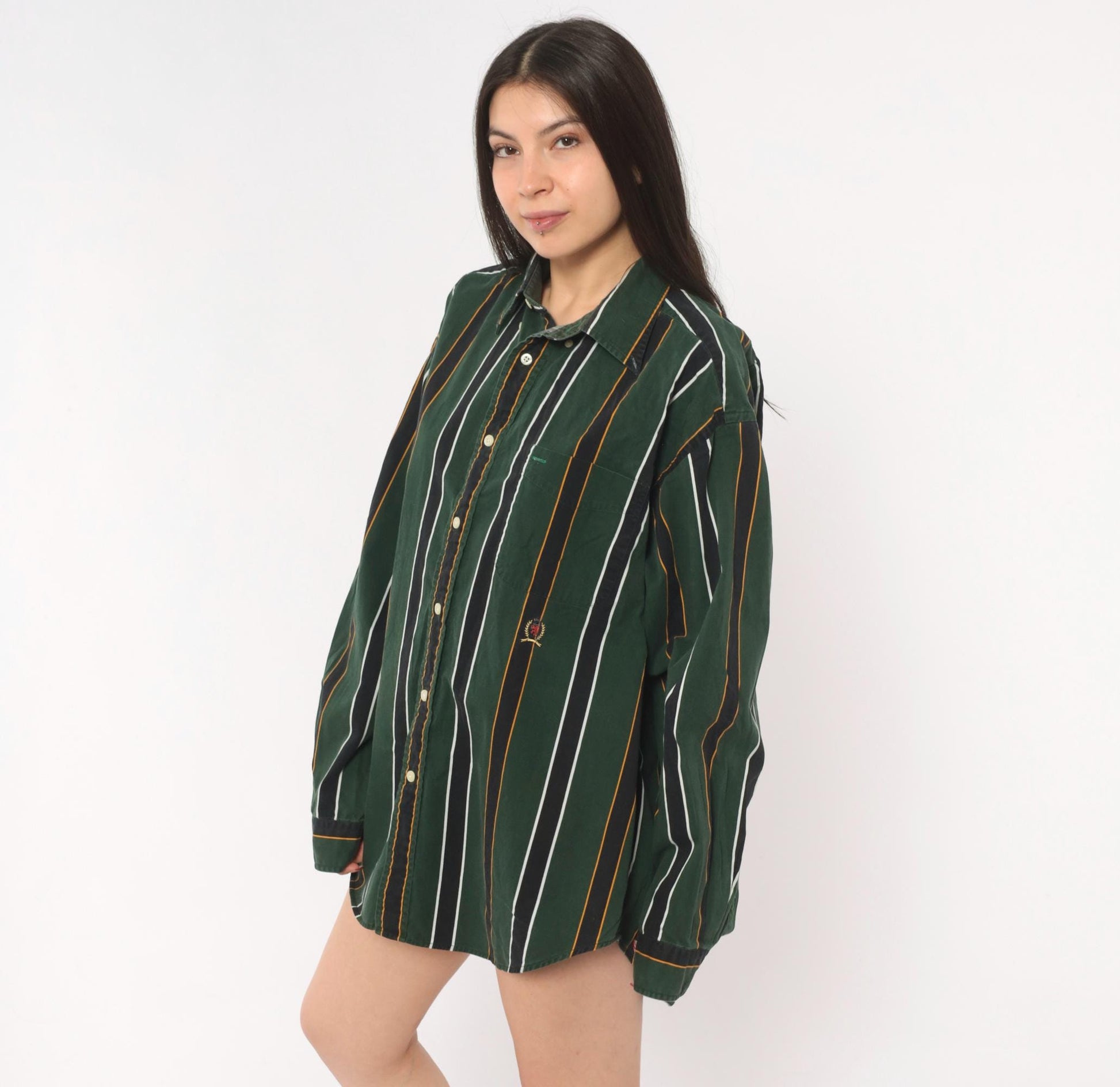 Tommy Hilfiger 90s Striped Cotton Shirt Forest Green Crest Logo Large L