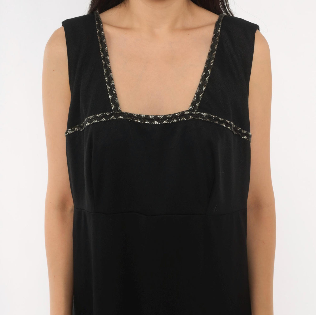70s Black Maxi Dress Empire Waist Square Neckline Silver Braided Trim Extra Large