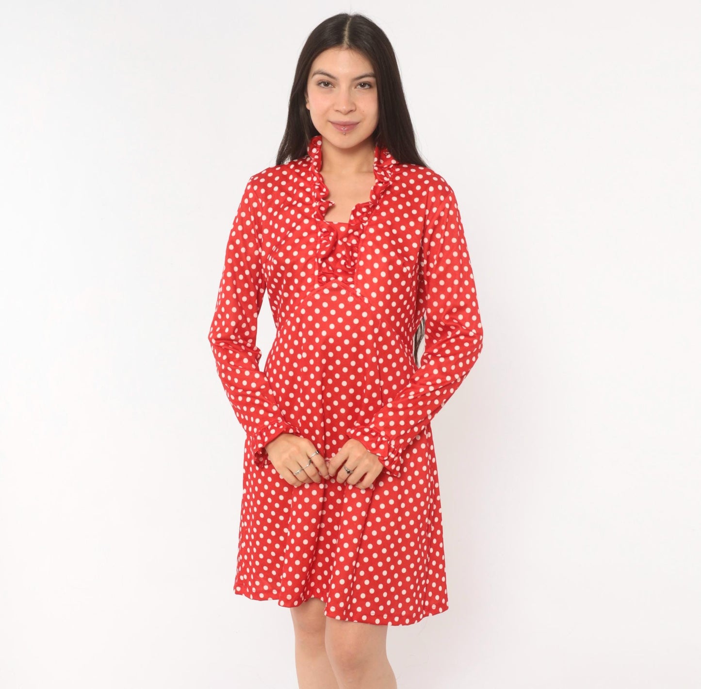 70s Red White Polka Dot Dress Long Sleeve V Neck Ruffle A Line Large
