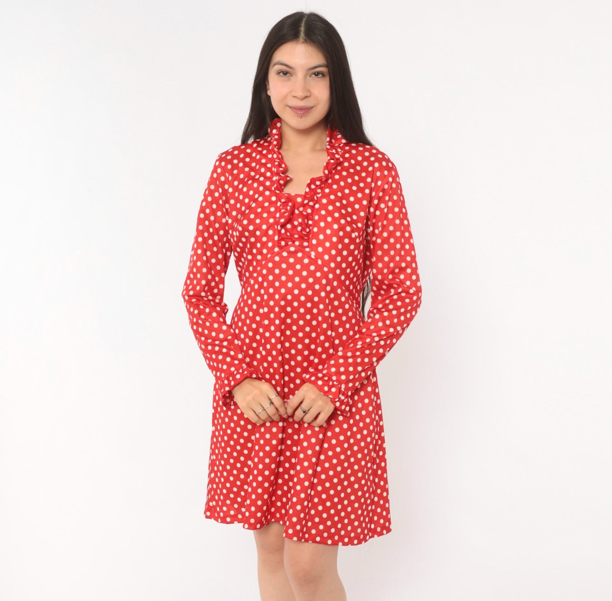 70s Red White Polka Dot Dress Long Sleeve V Neck Ruffle A Line Large