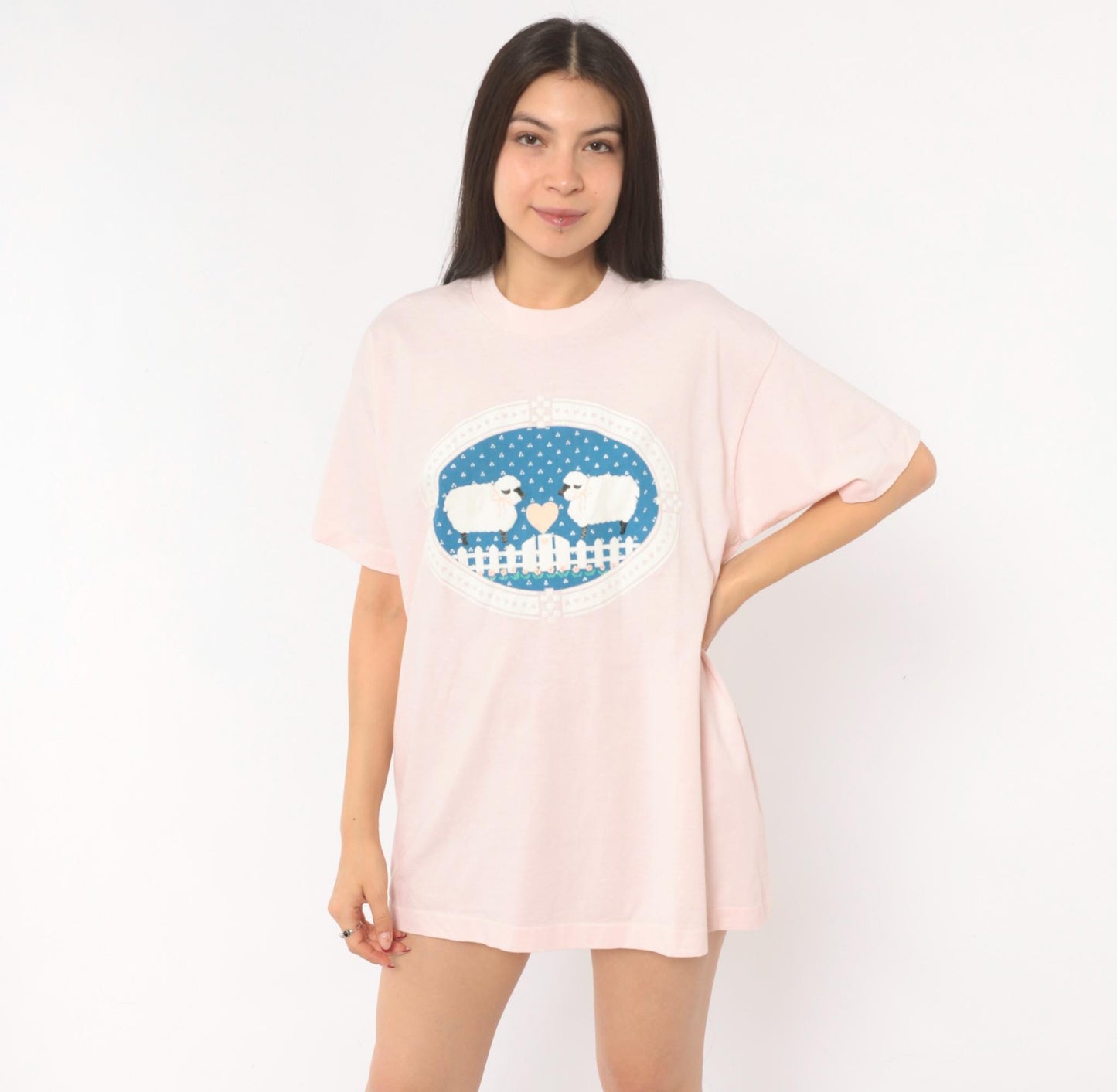 90s Screen Stars Sheep Heart Graphic Tee Pink Cotton Blush Print Extra Large XL