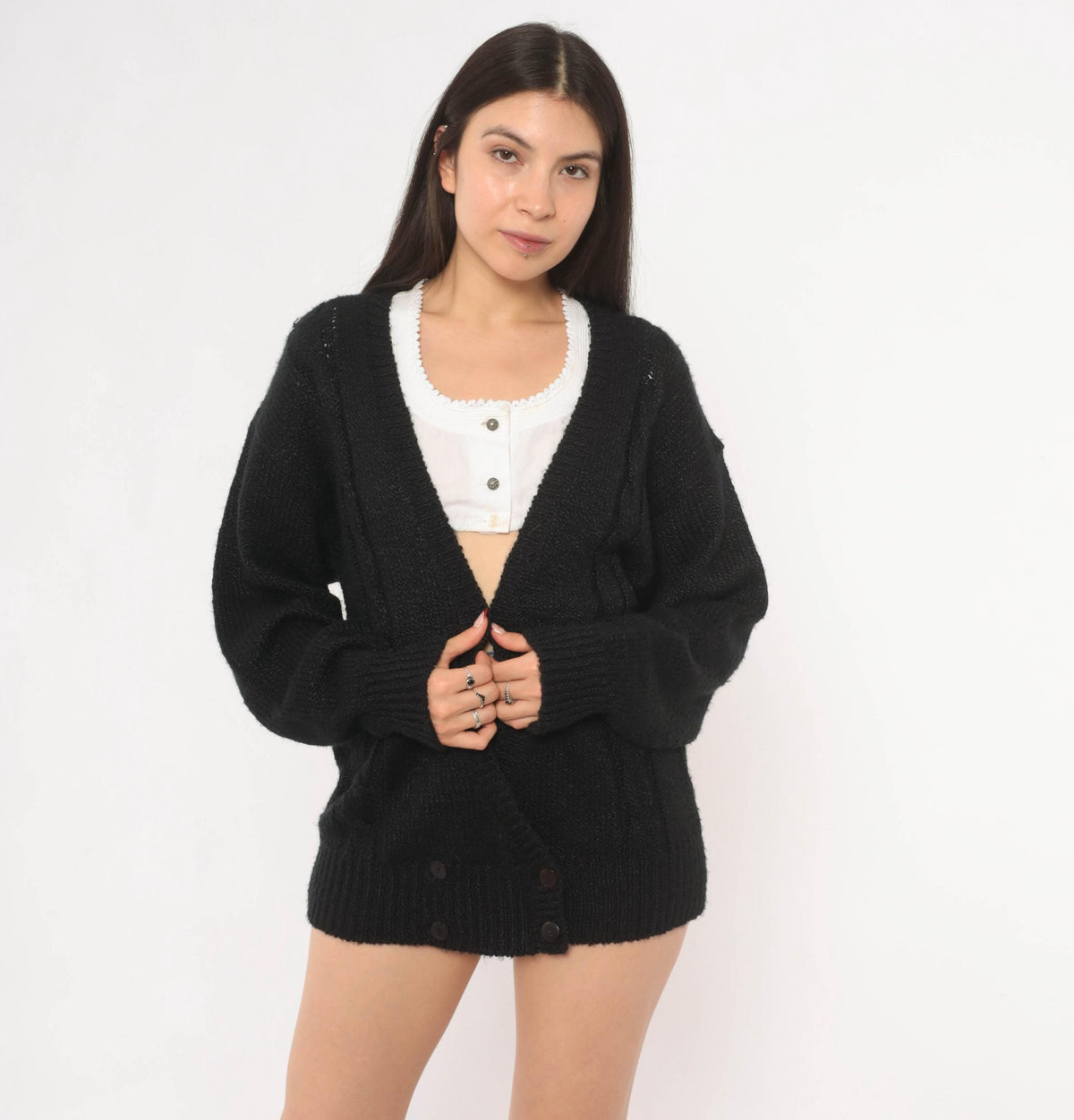 80s Black Double Breasted Cardigan Knit Sweater V Neck Medium M