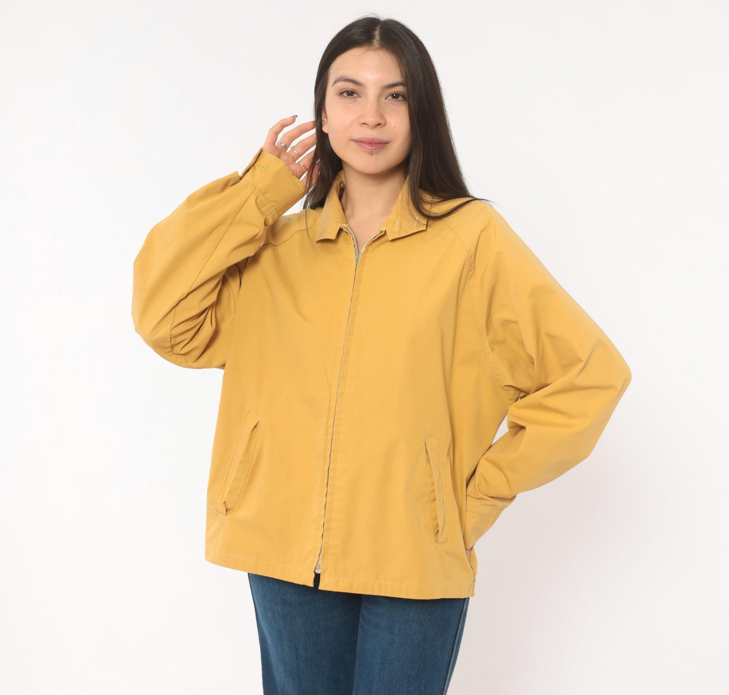80s Mustard Harrington Jacket Zip Front Cotton Windbreaker Unisex Medium