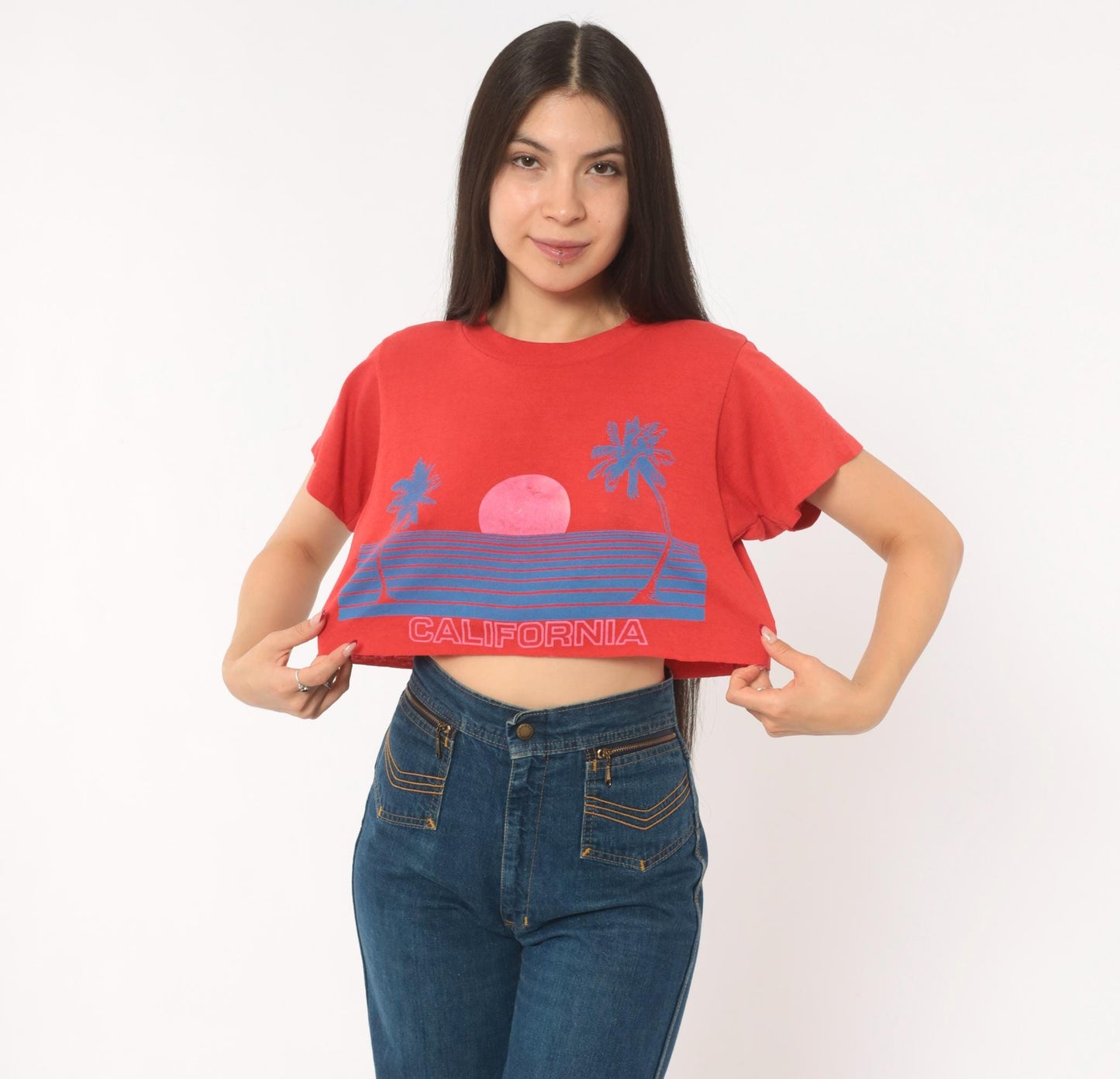 80s California Sunset Crop Top Red Graphic Tee Palm Tree Raglan Medium M