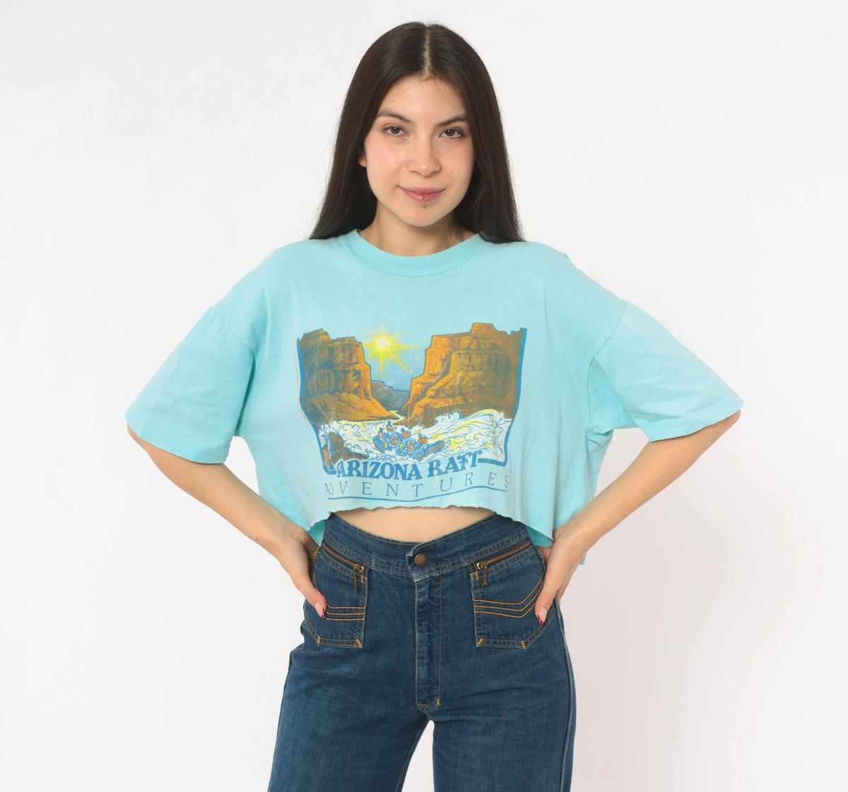 80s Arizona Raft Adventures Crop Top Light Blue Cotton Tee Stedman Medium