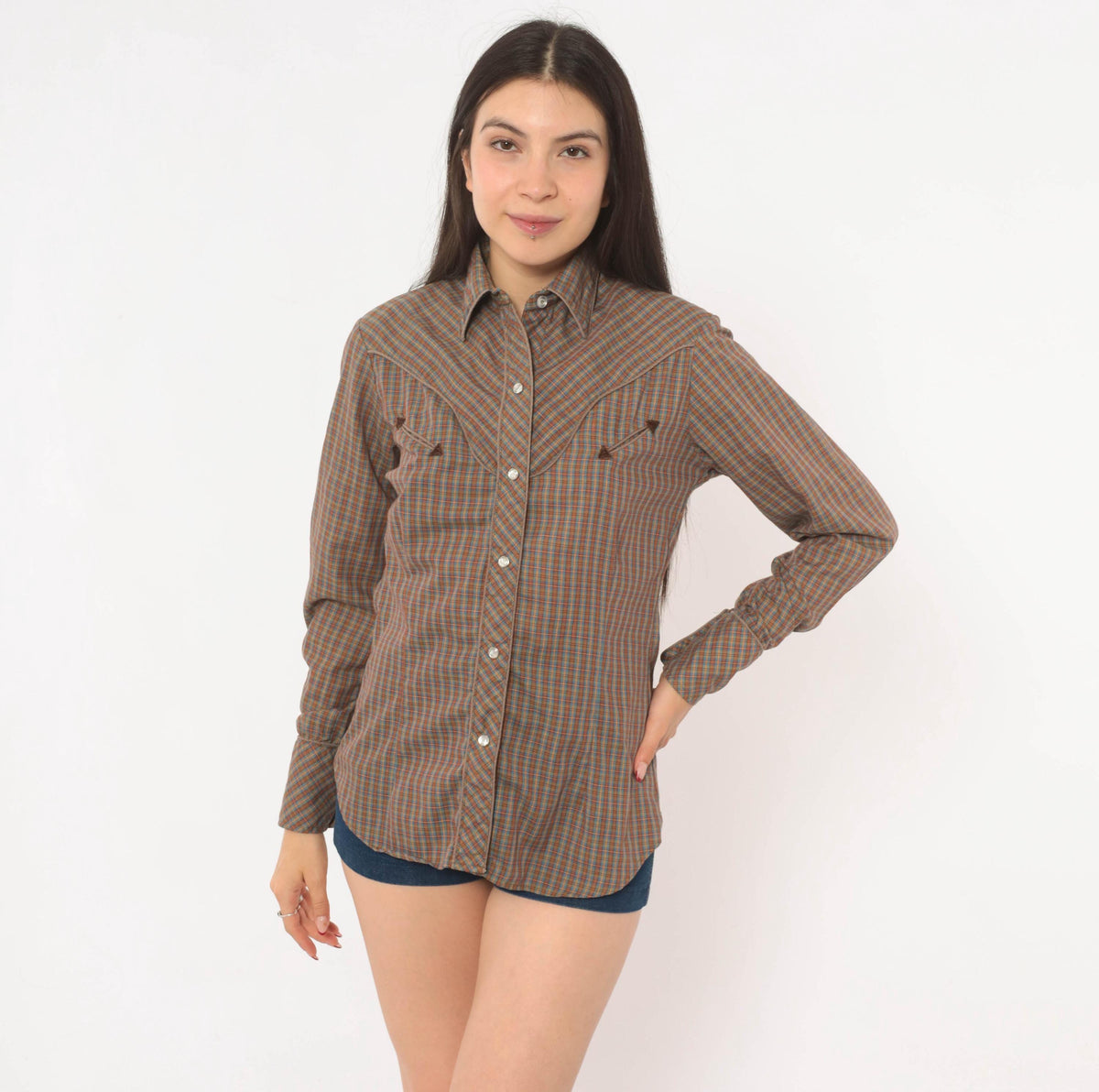 70s Western Plaid Shirt Pearl Snap Brown Blue Check Cotton Yoke Medium M