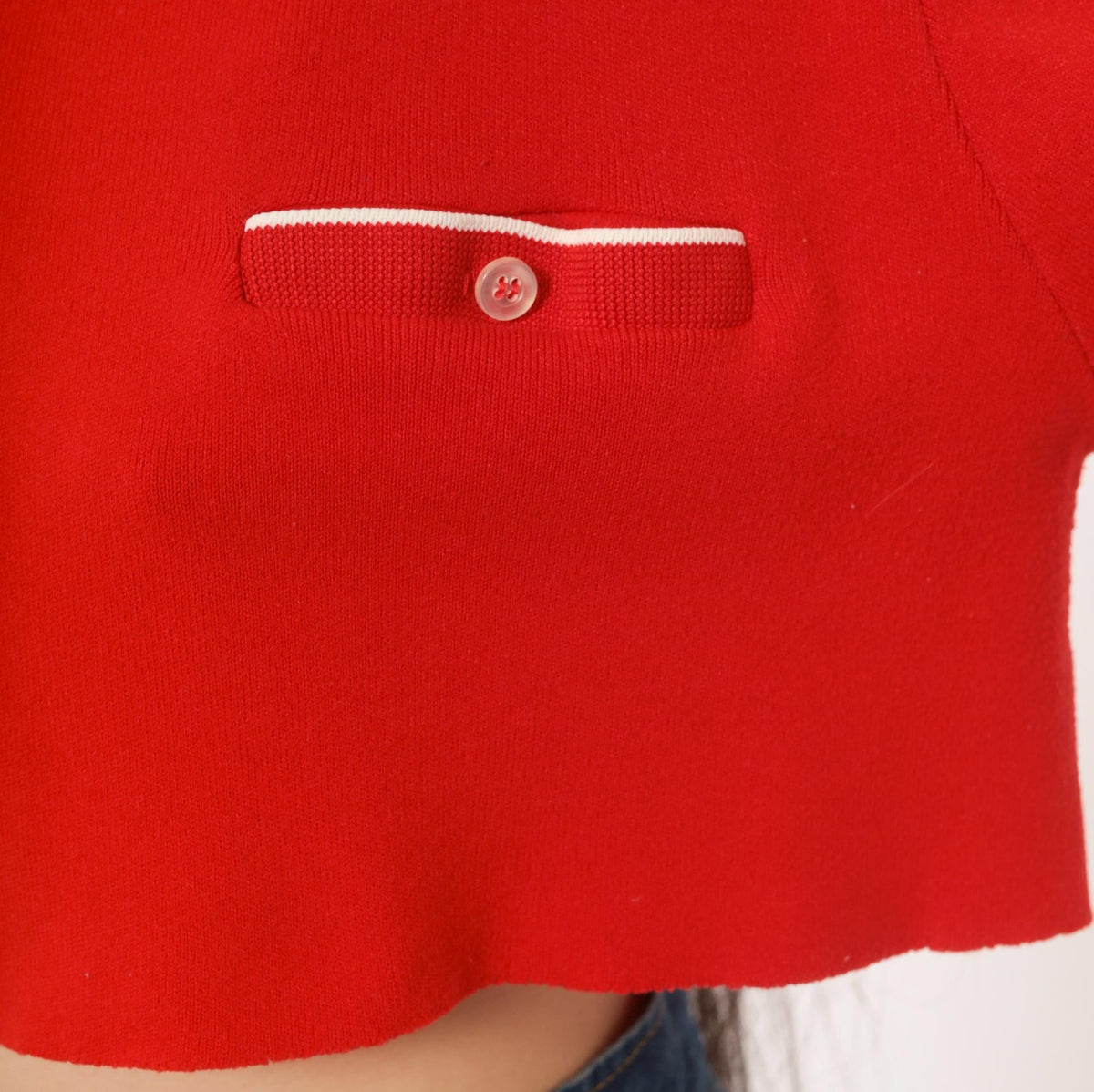 70s Red Cropped Polo White Piping Knit Top Button Front Medium M
