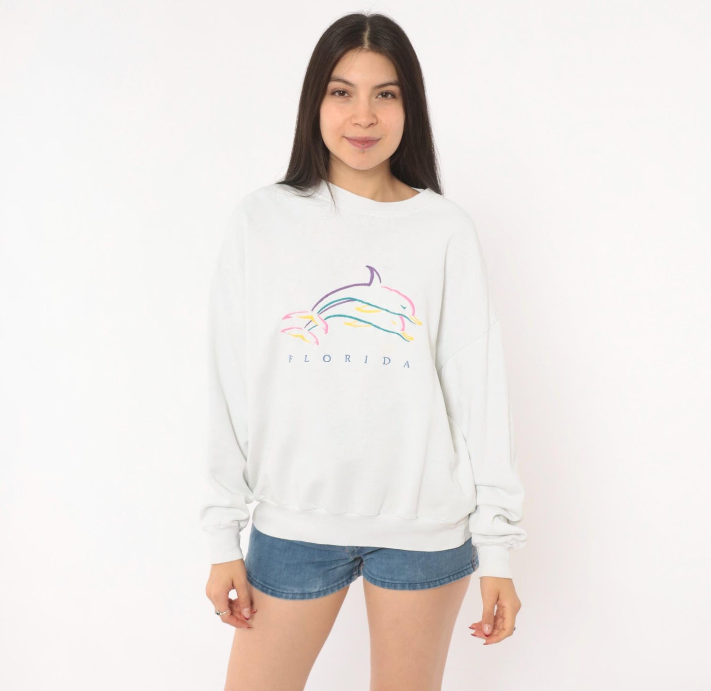 90s Florida Dolphin Graphic Sweatshirt White Crewneck Cotton Pullover Large L
