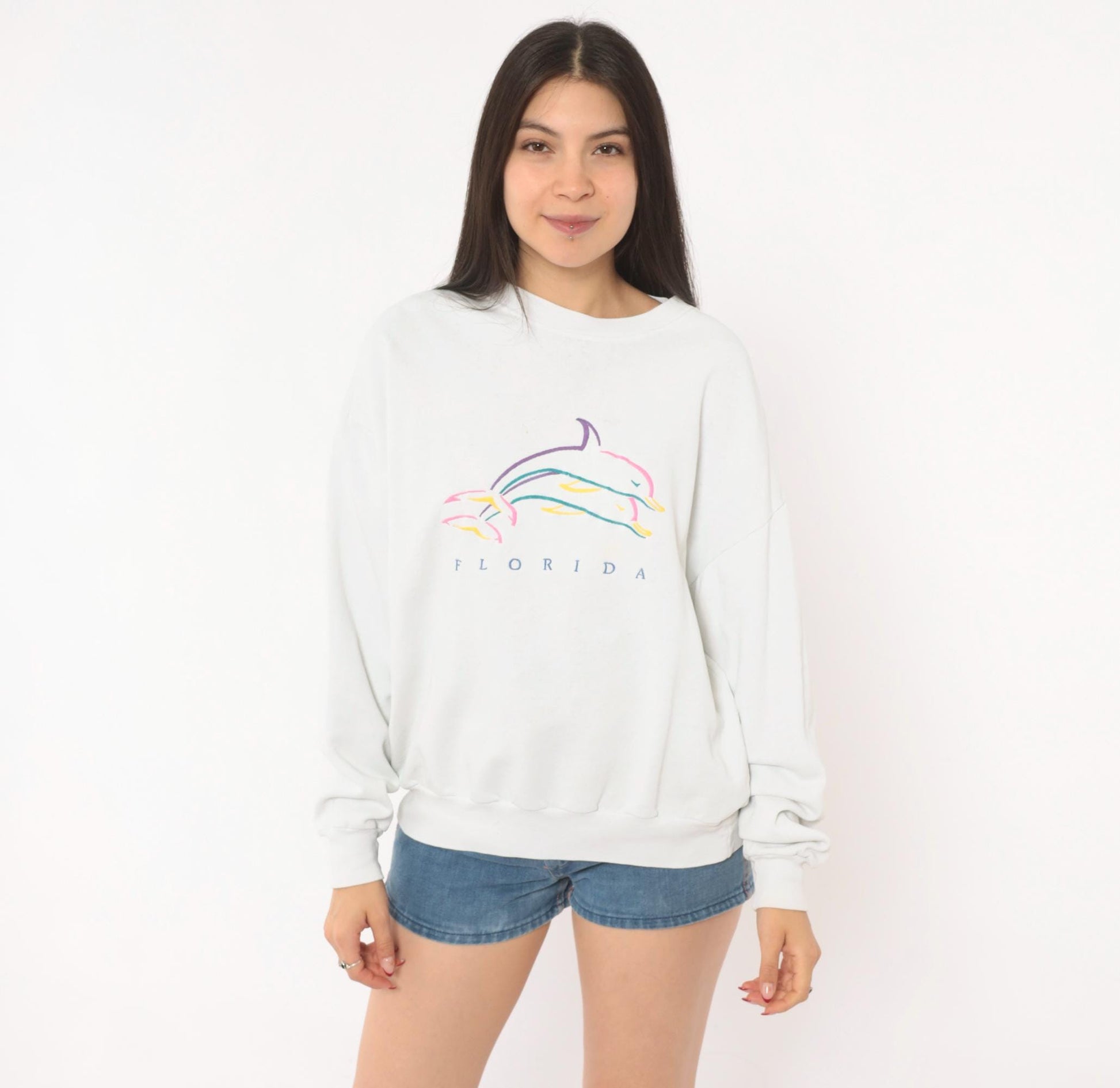 90s Florida Dolphin Graphic Sweatshirt White Crewneck Cotton Pullover Large L
