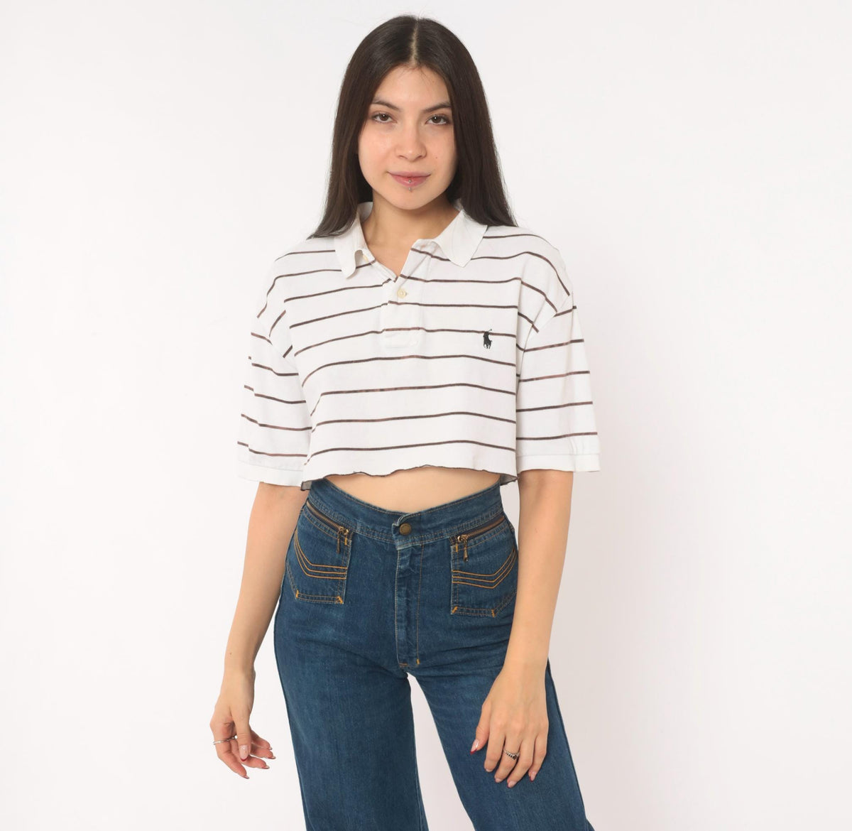 90s Polo Ralph Lauren Striped Cropped Polo Shirt White Brown Cotton Medium