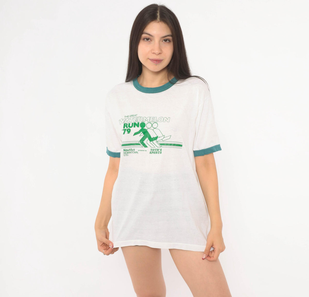 70s Watermelon Run Ringer Tee White Green Graphic Race Event Large L