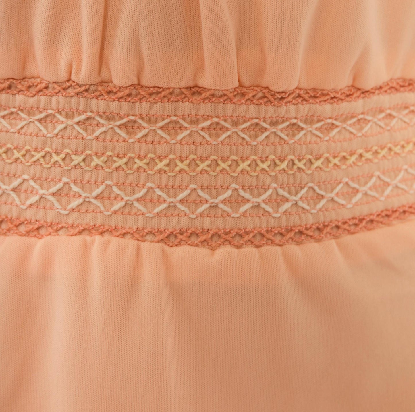 70s Peach Peasant Dress Puff Sleeve Smocked Embroidery Knee Length Large L