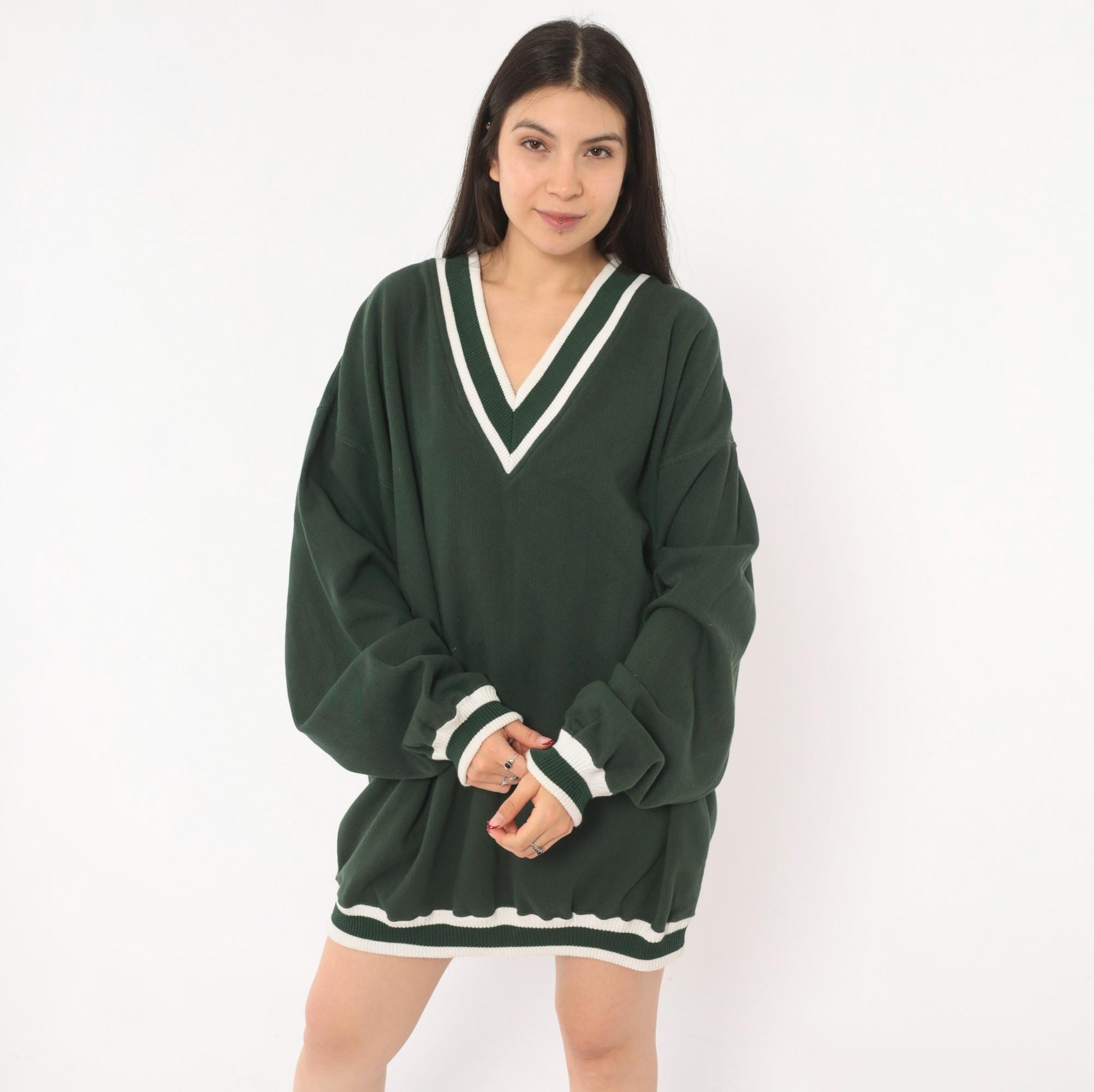 90s Pluma Forest Green V-Neck Sweater Striped Collegiate Tennis Extra Large XL