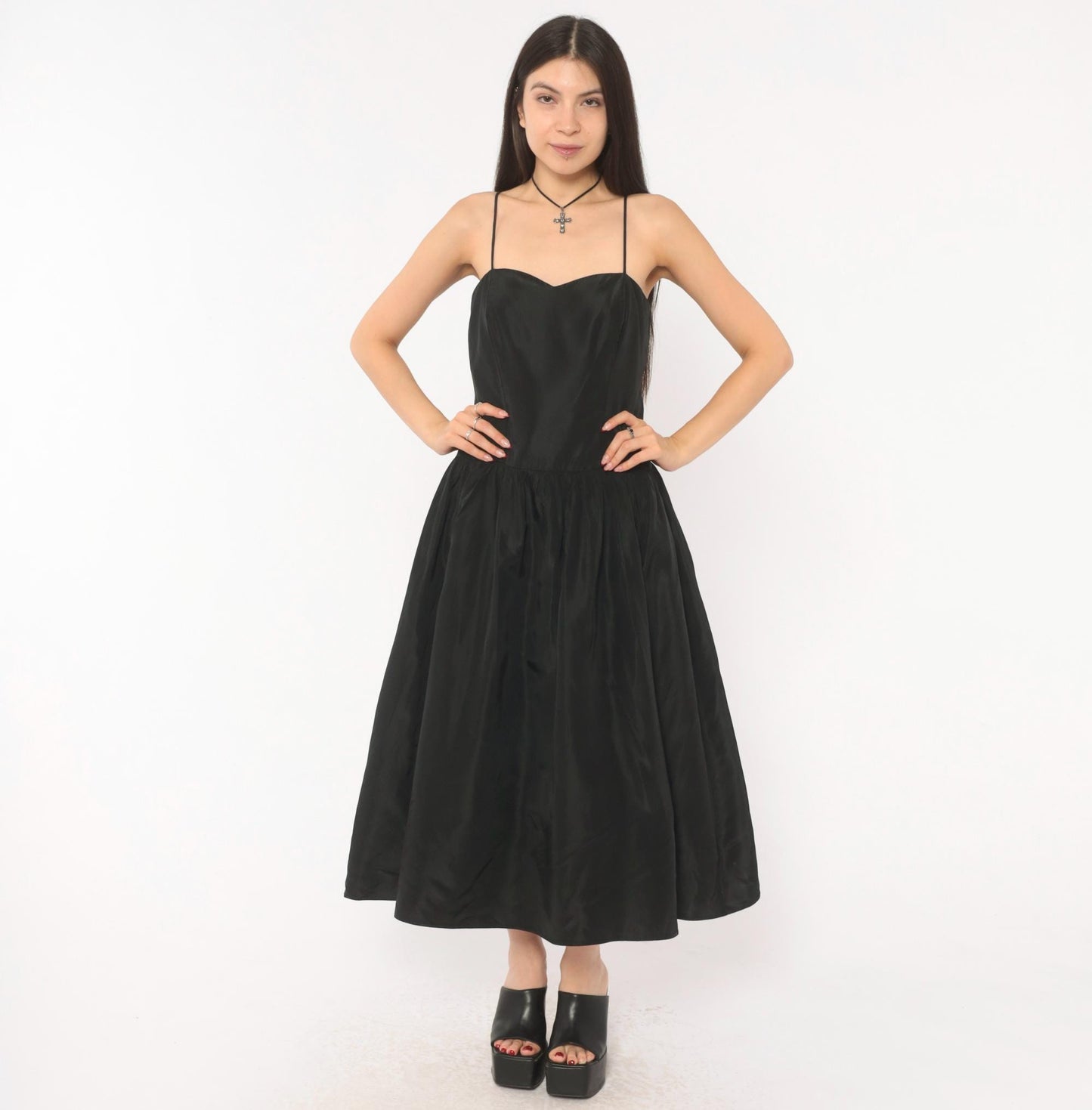 90s Black Sweetheart Midi Dress Spaghetti Strap Drop Waist Medium