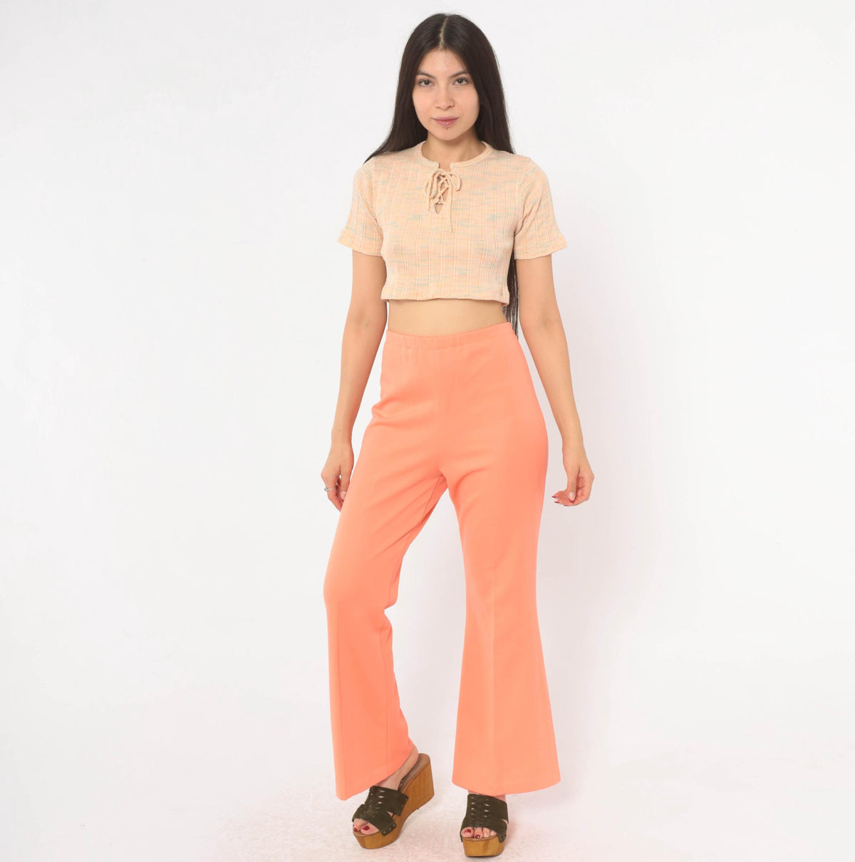 70s Peach Flare Pants High Rise Bell Bottom Trousers Knit Large L
