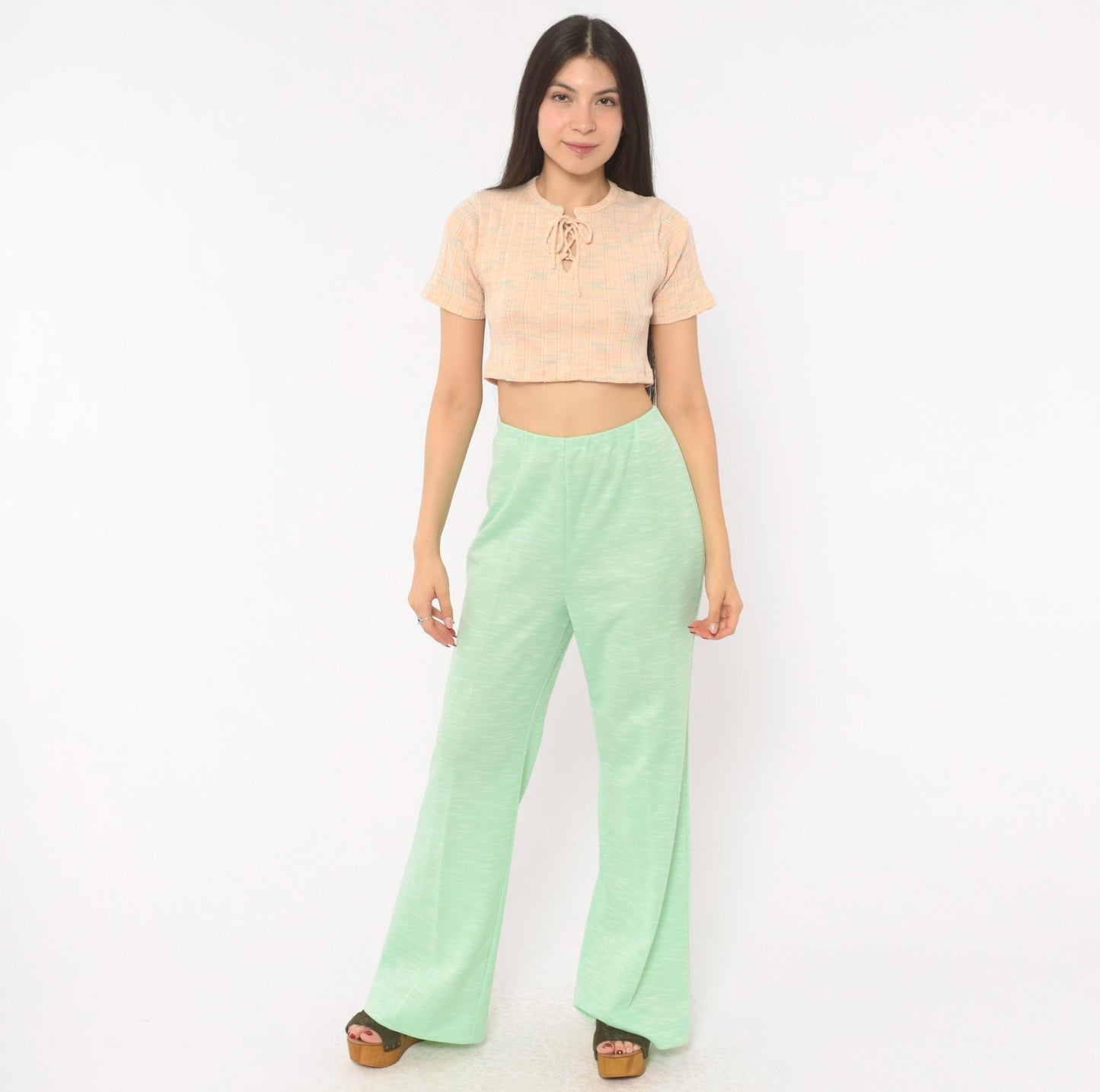 70s Mint Green Flare Pants High Rise Bell Bottom Wide Leg Medium Large