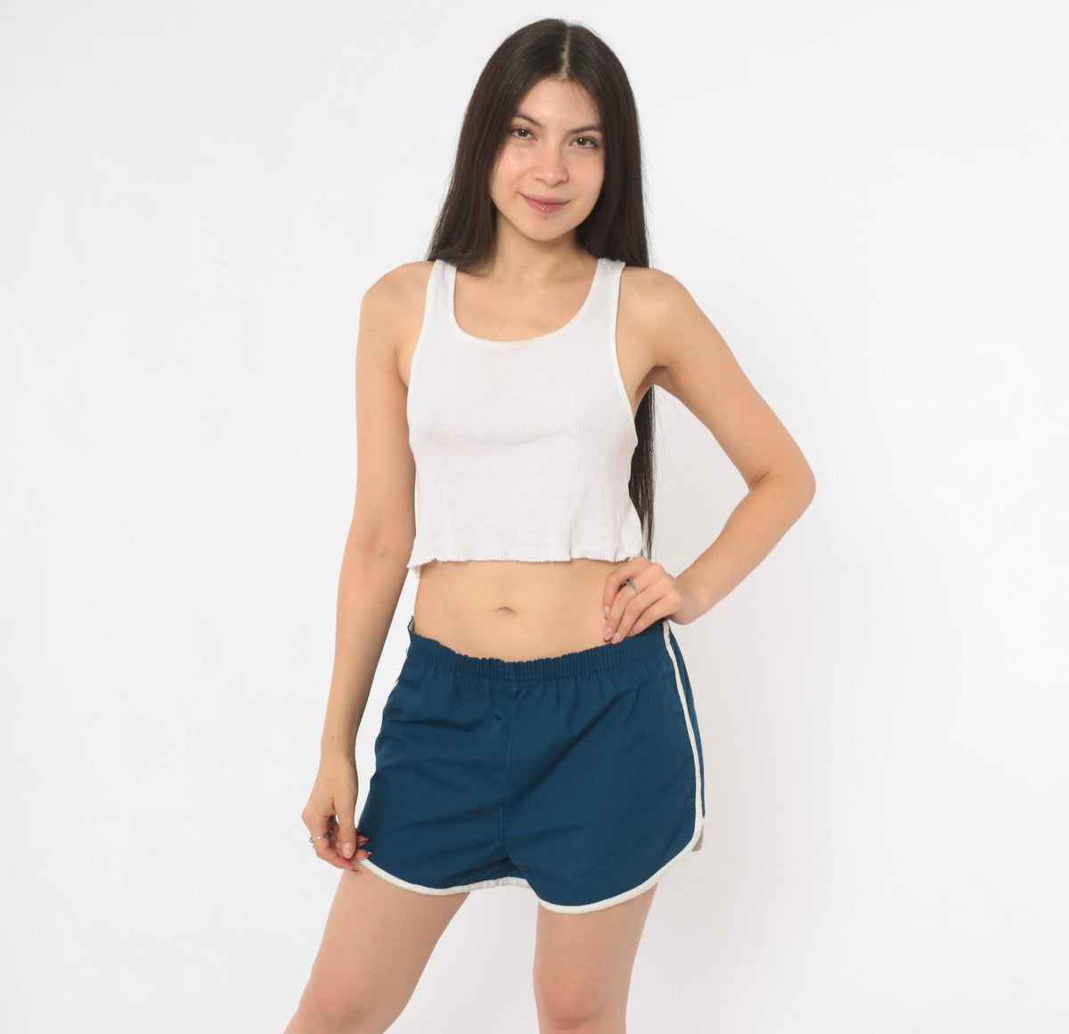 80s Navy Running Shorts White Piping Cotton Dolphin Hem Large L