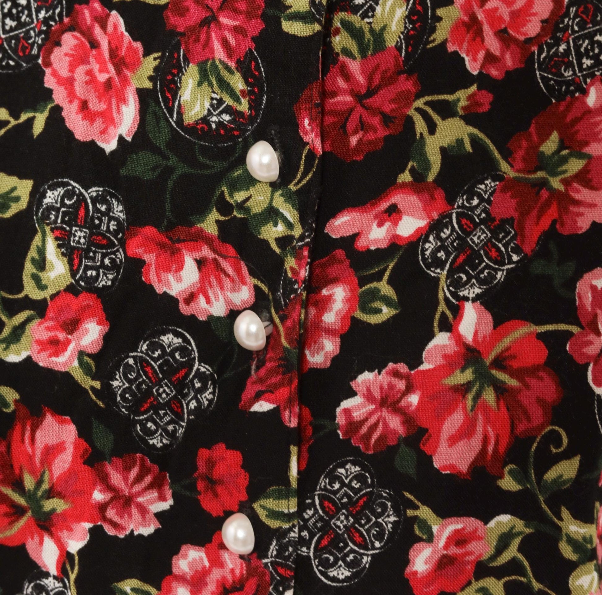 90s Katelyn Rose Black Pink Floral Button Blouse Short Sleeve Small S