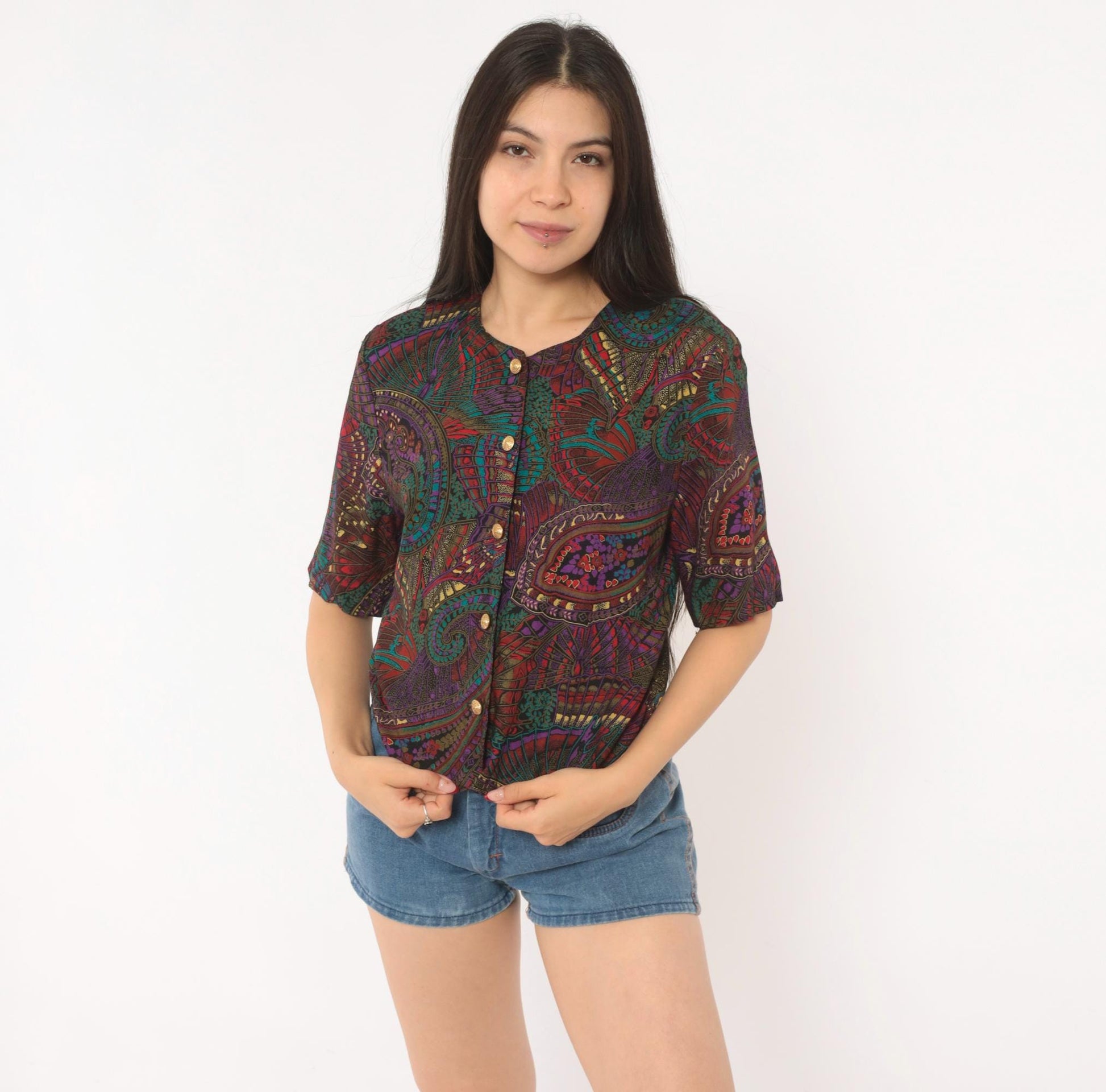 80s Norton Mcnaughton Paisley Button Blouse Teal Purple Gold Small S