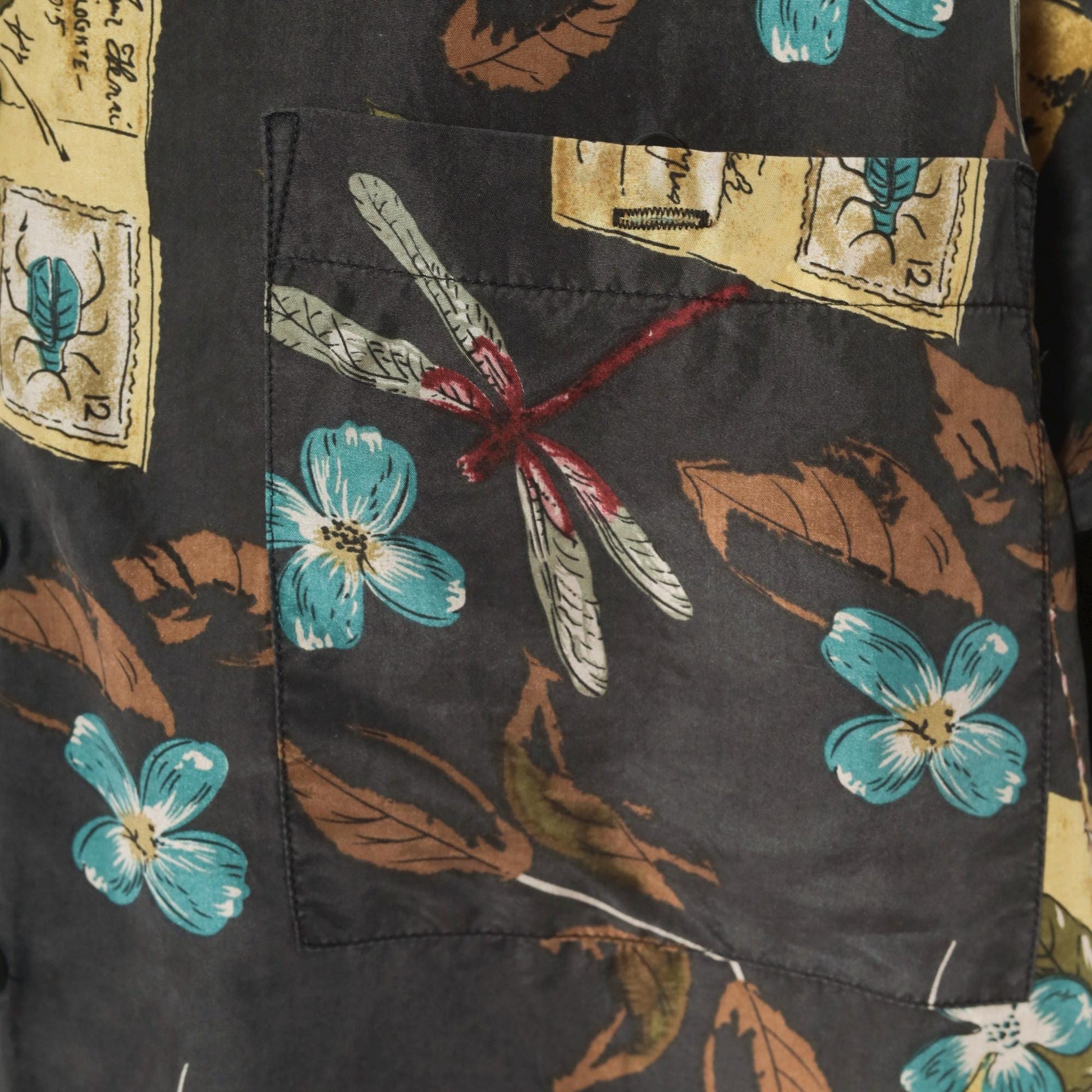 Y2K Firethorn Silk Camp Collar Shirt Dragonfly Botanical Print Teal Medium M