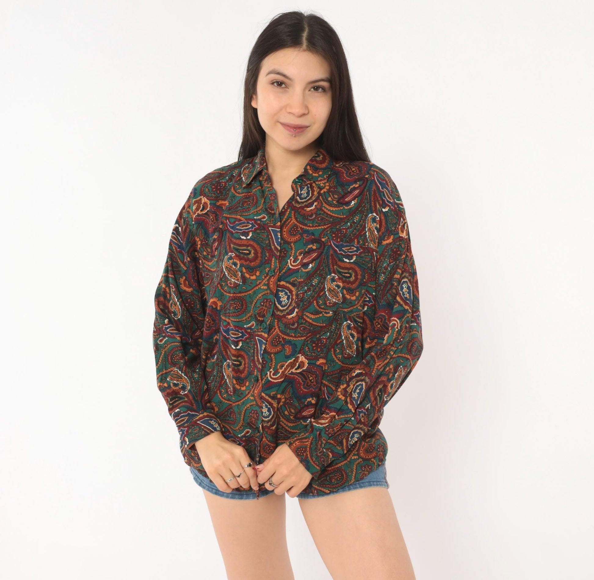 90s Basic Editions Paisley Button Up Shirt Teal Burgundy Small S