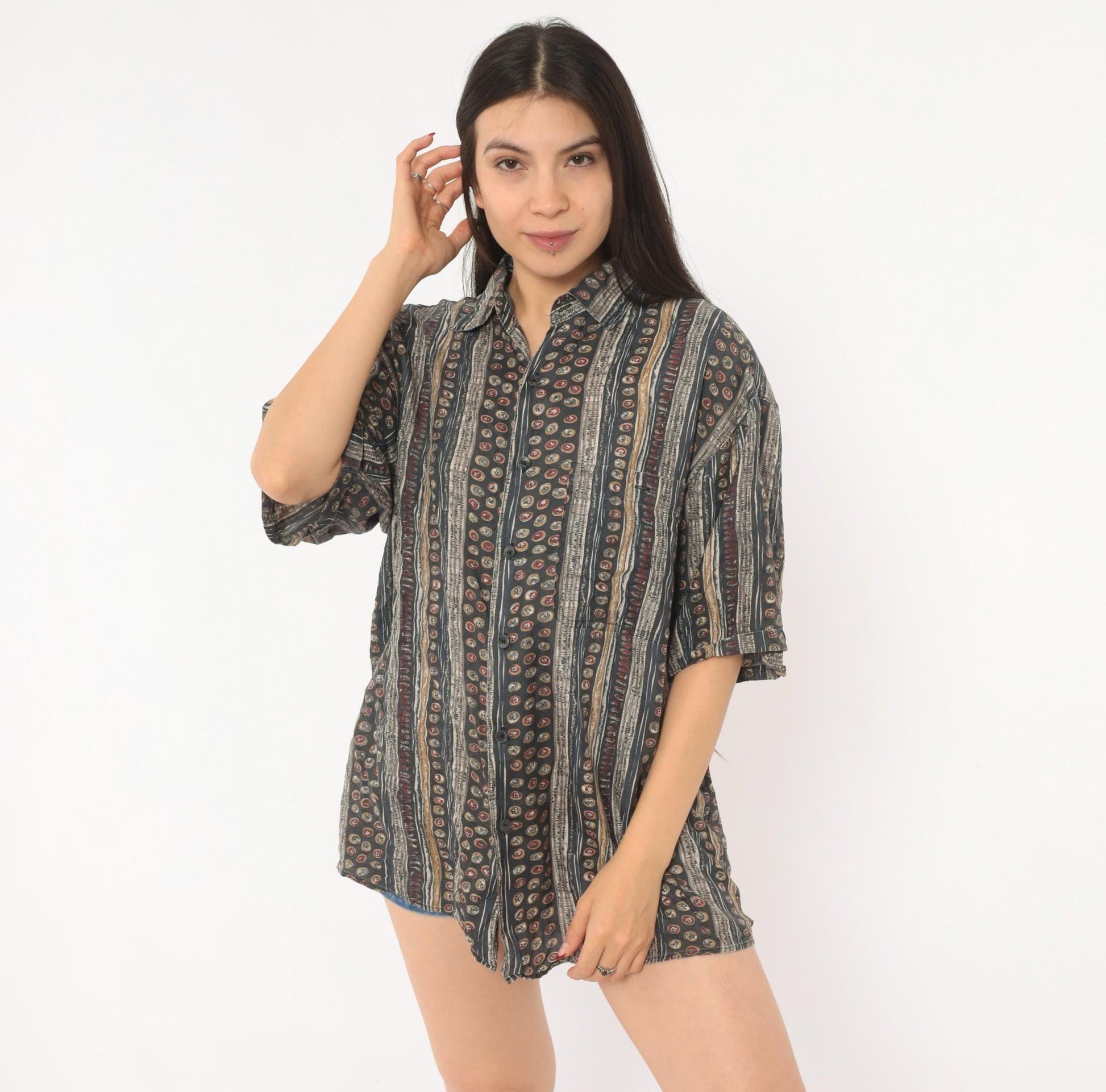 90s Summa Abstract Silk Shirt Grey Burgundy Stripe Camp Collar Small S