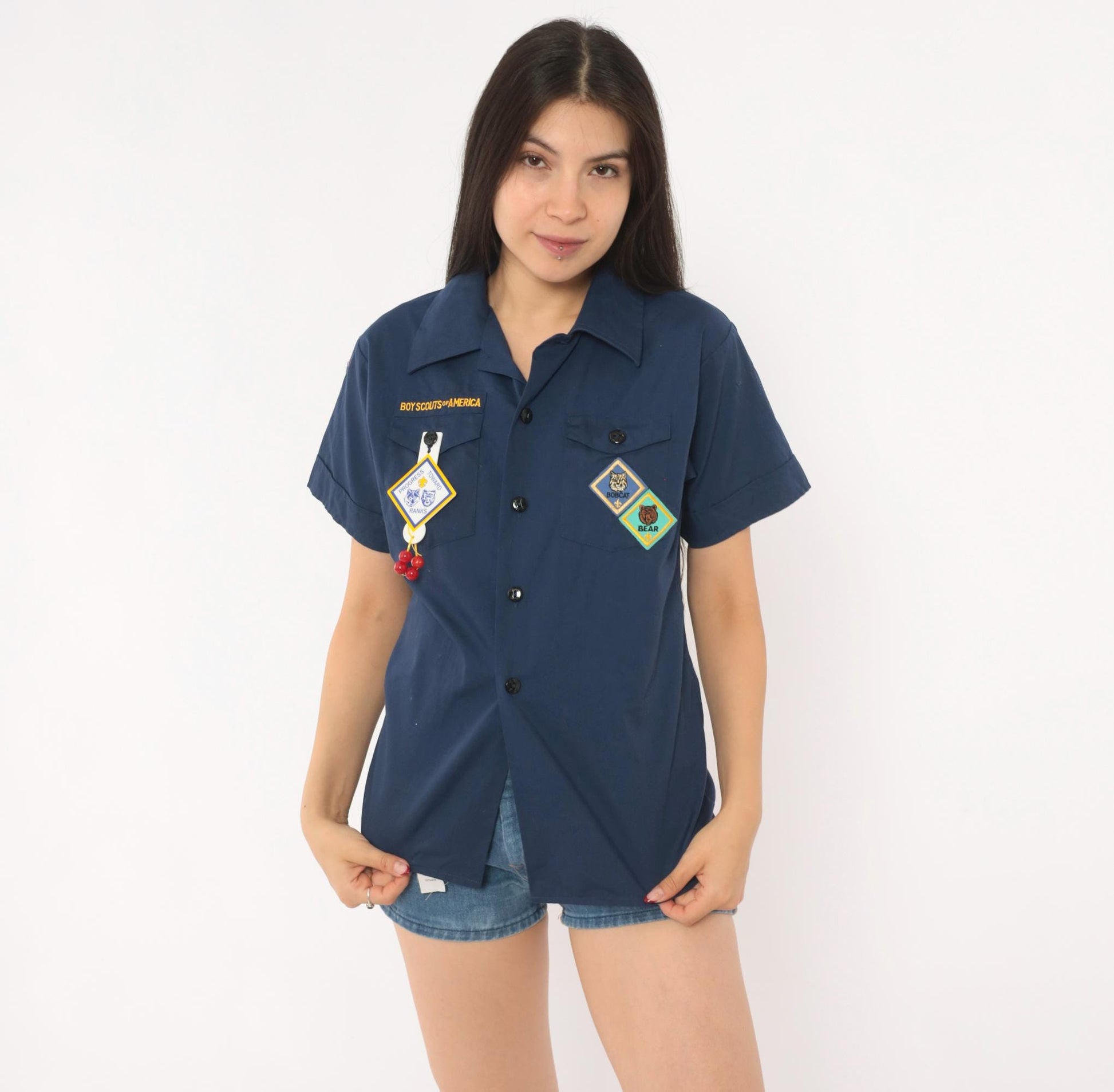 90s Boy Scouts of America Navy Uniform Shirt Bobcat Bear Patches Small