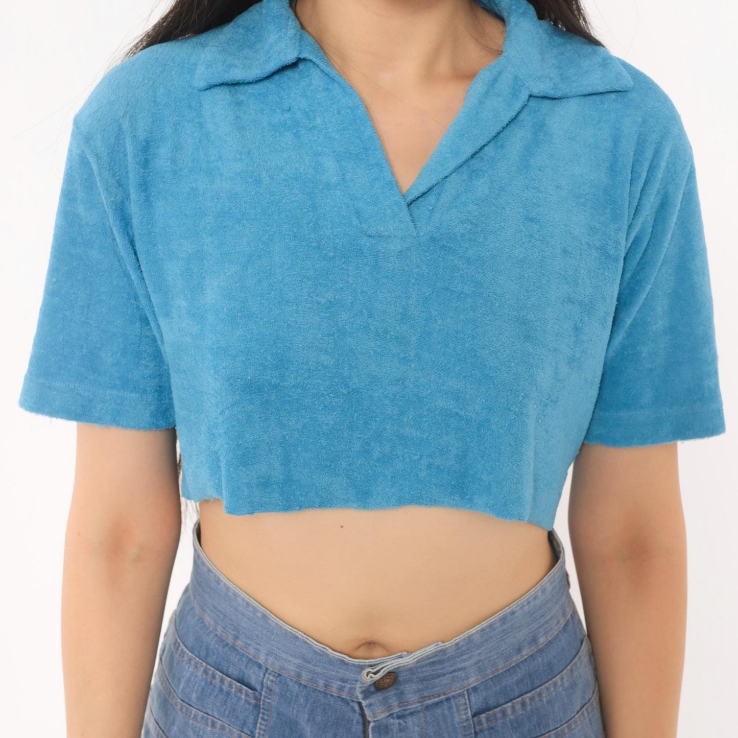 80s Jason Maxwell Terry Cloth Crop Top Blue Polo Collar Small Medium