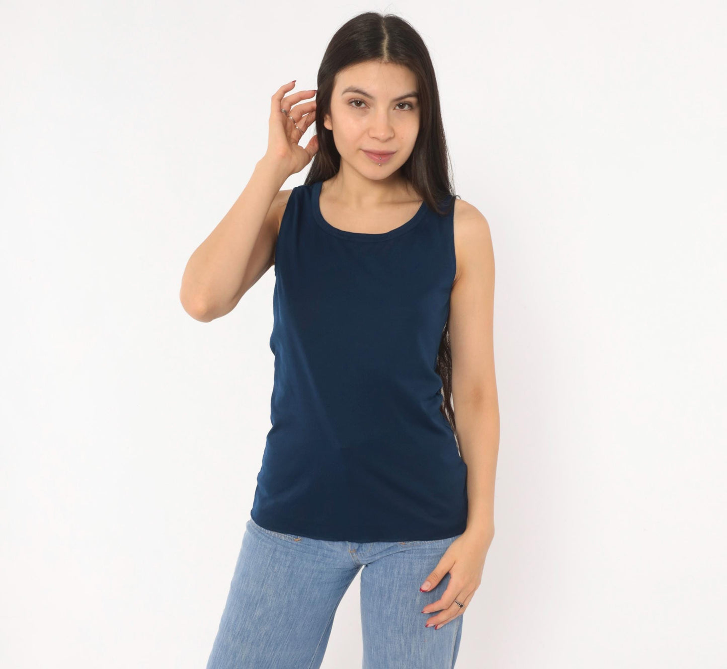 70s Navy Blue Tank Top Alex Colman Sleeveless Shell Scoop Neckline Extra Small XS