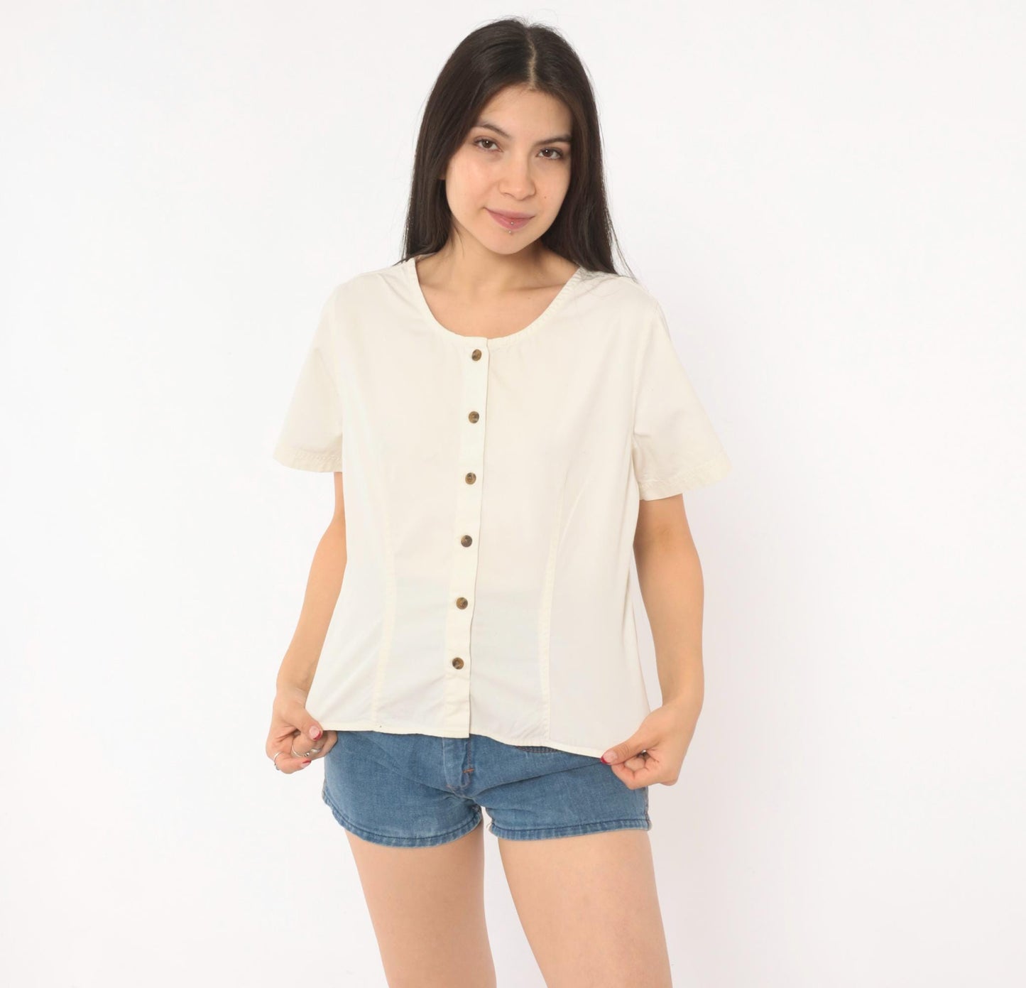 Y2K REI Cream Cotton Button-Front Blouse Short Sleeve Small