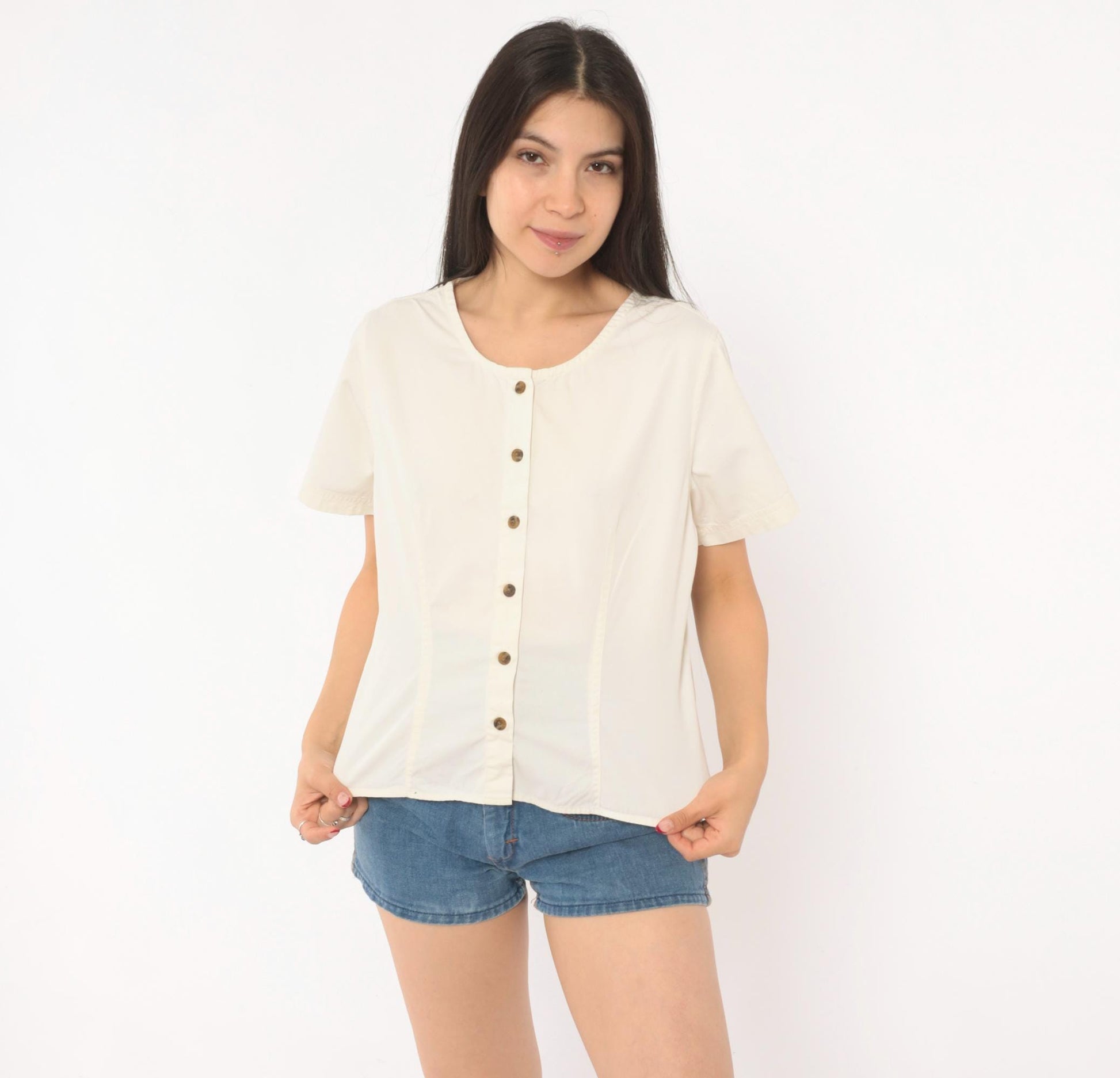 Y2K REI Cream Cotton Button-Front Blouse Short Sleeve Small