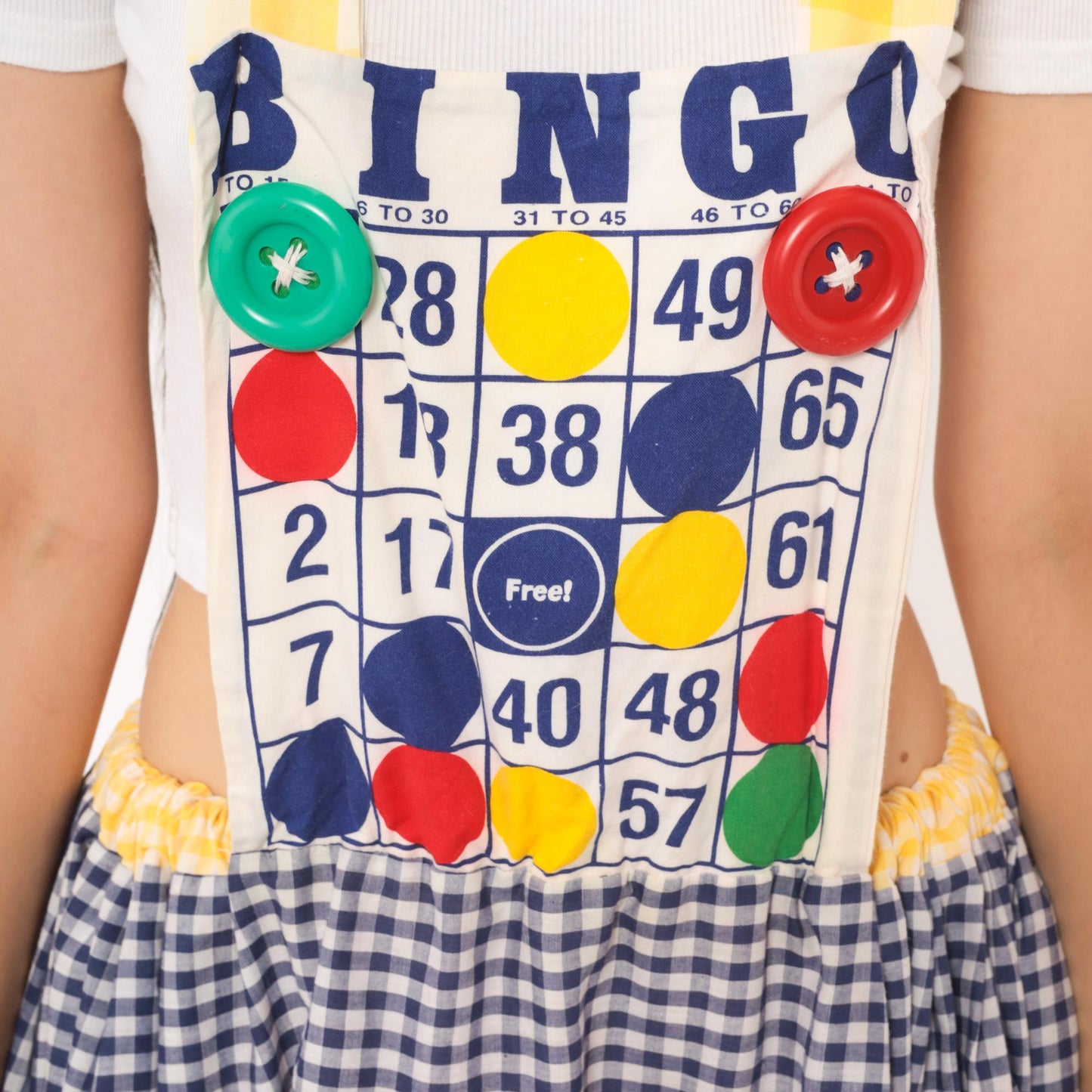 80s Bingo Card Cotton Pinafore Jumper Dress Tiered Gingham Navy Yellow Red Medium Large