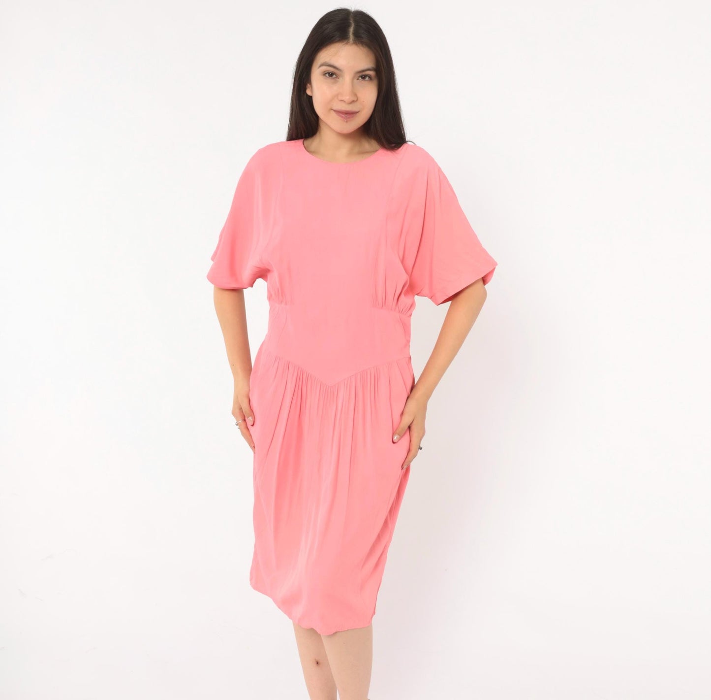 90s Carol Anderson Coral Pink Blouson Dress Smocked Waist Knee Length Large L