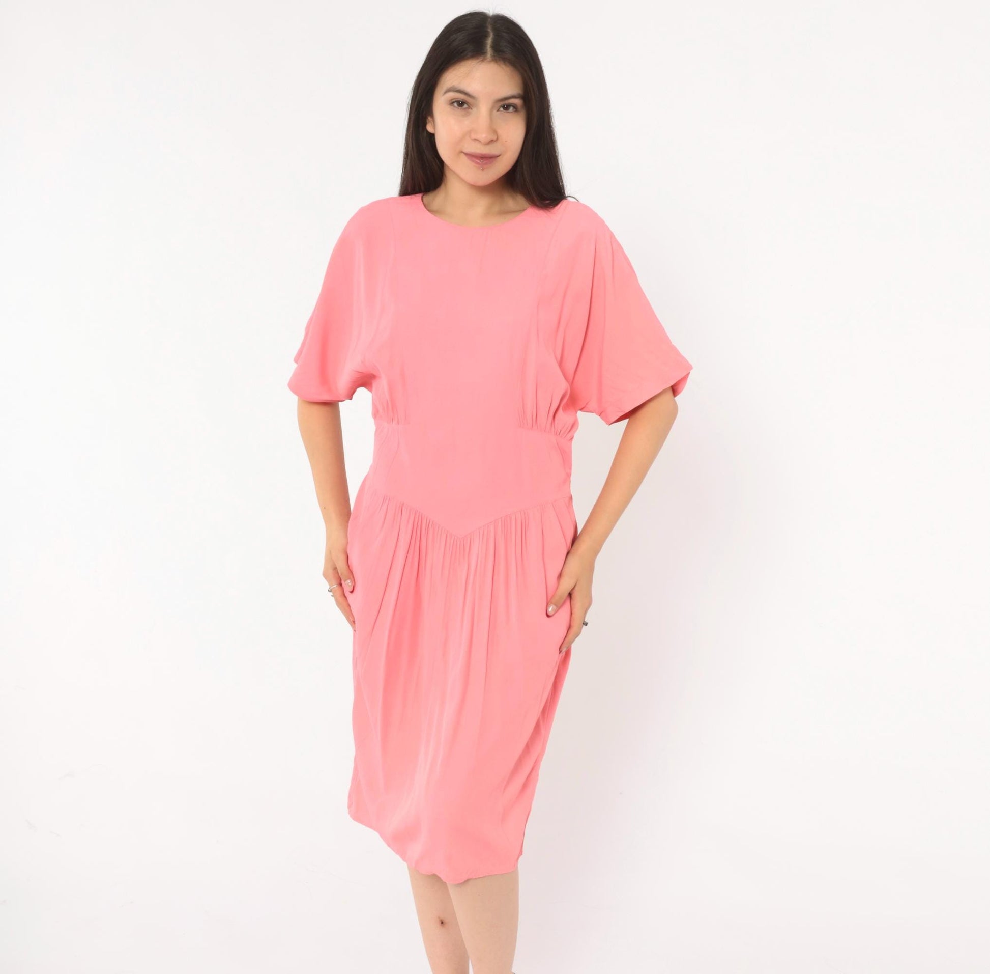 90s Carol Anderson Coral Pink Blouson Dress Smocked Waist Knee Length Large L