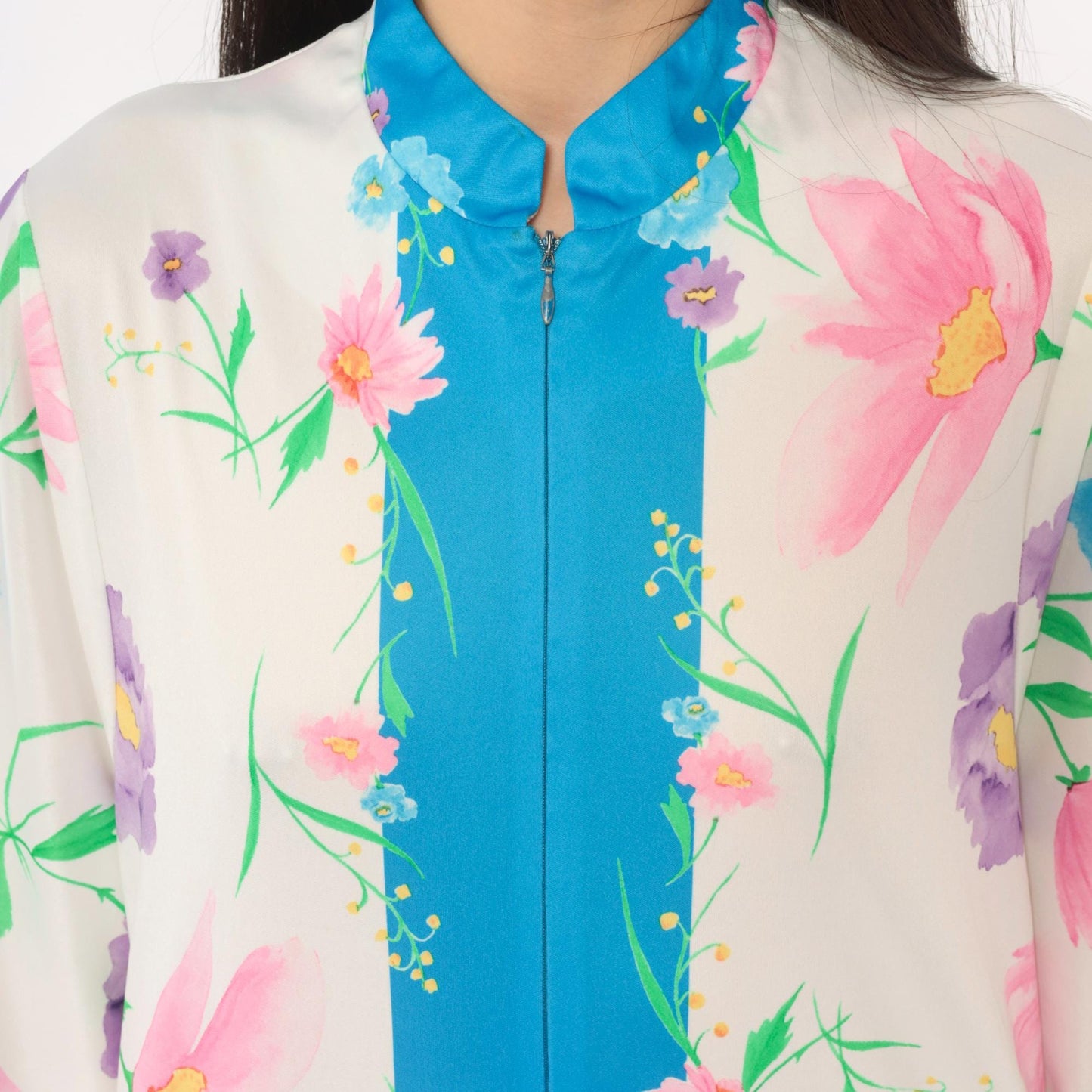 70s Evelyn Parson Floral Maxi Housecoat White Mandarin Collar Robe Medium