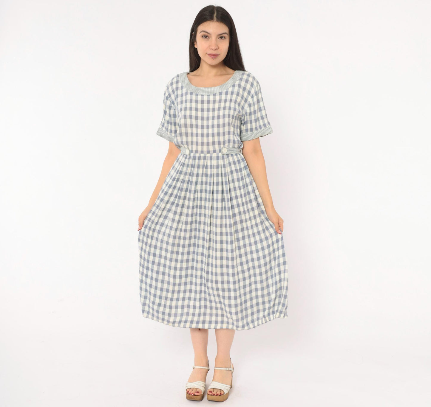 90s SL Fashions Gingham Midi Dress Blue White Check Button Back Medium