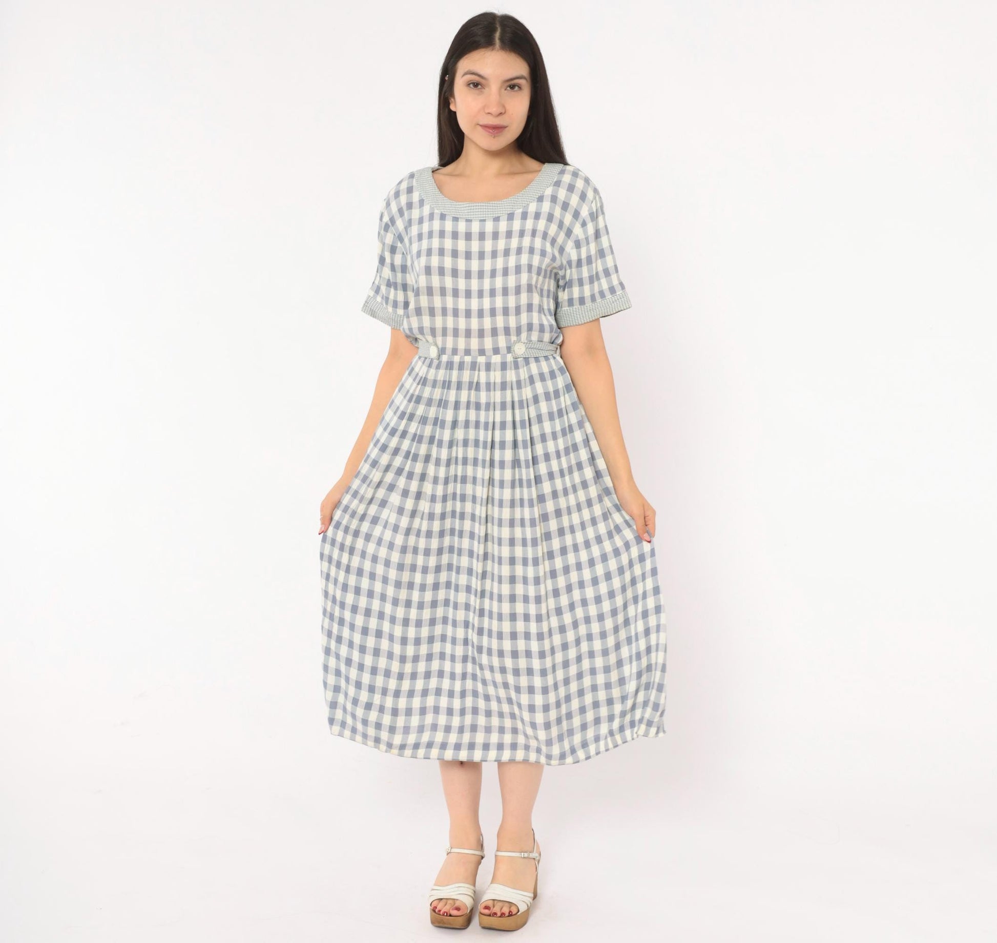 90s SL Fashions Gingham Midi Dress Blue White Check Button Back Medium
