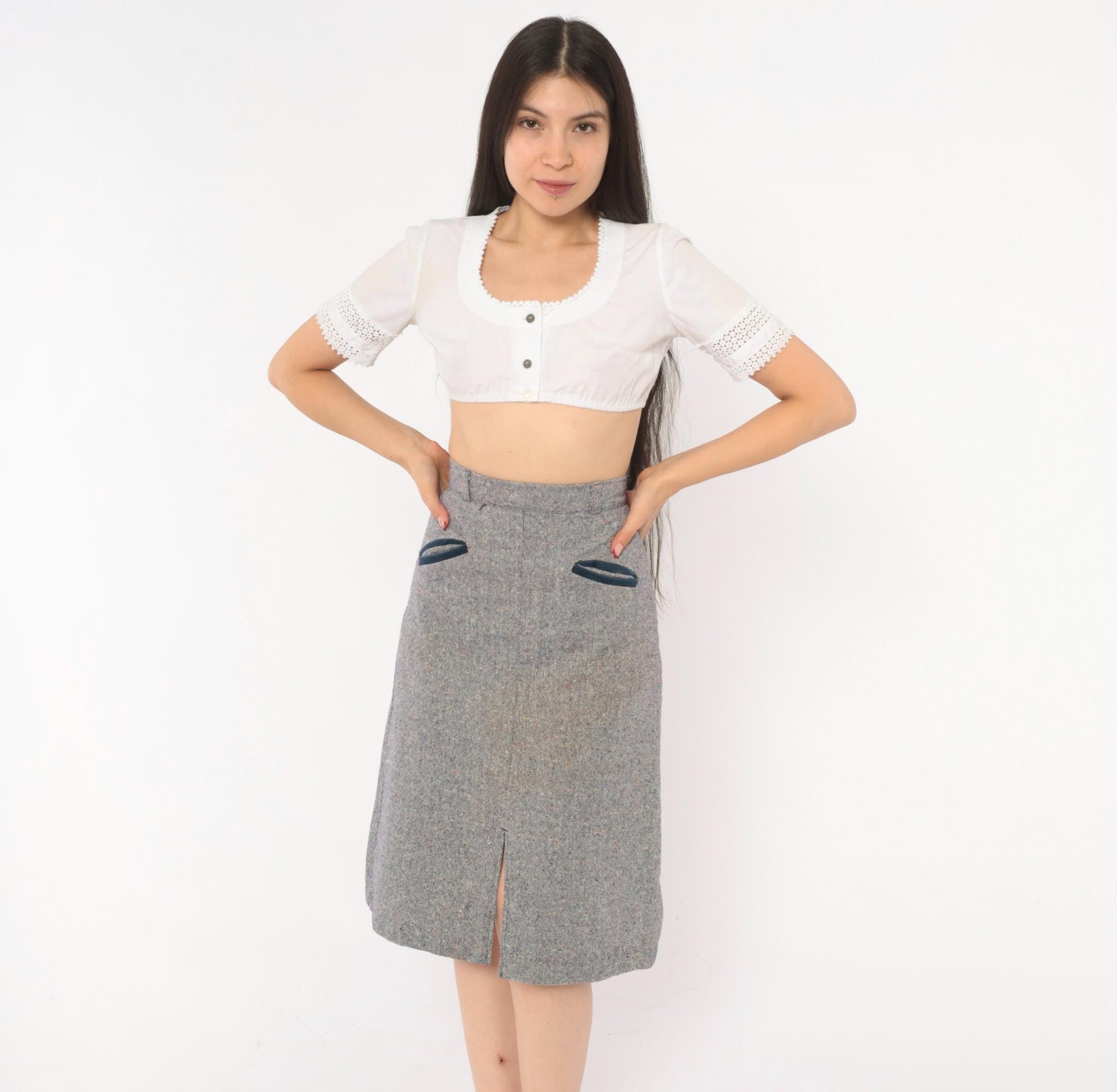 70s Navy Grey Tweed A-Line Skirt High Waist Welt Pocket Wool Blend Extra Small XS