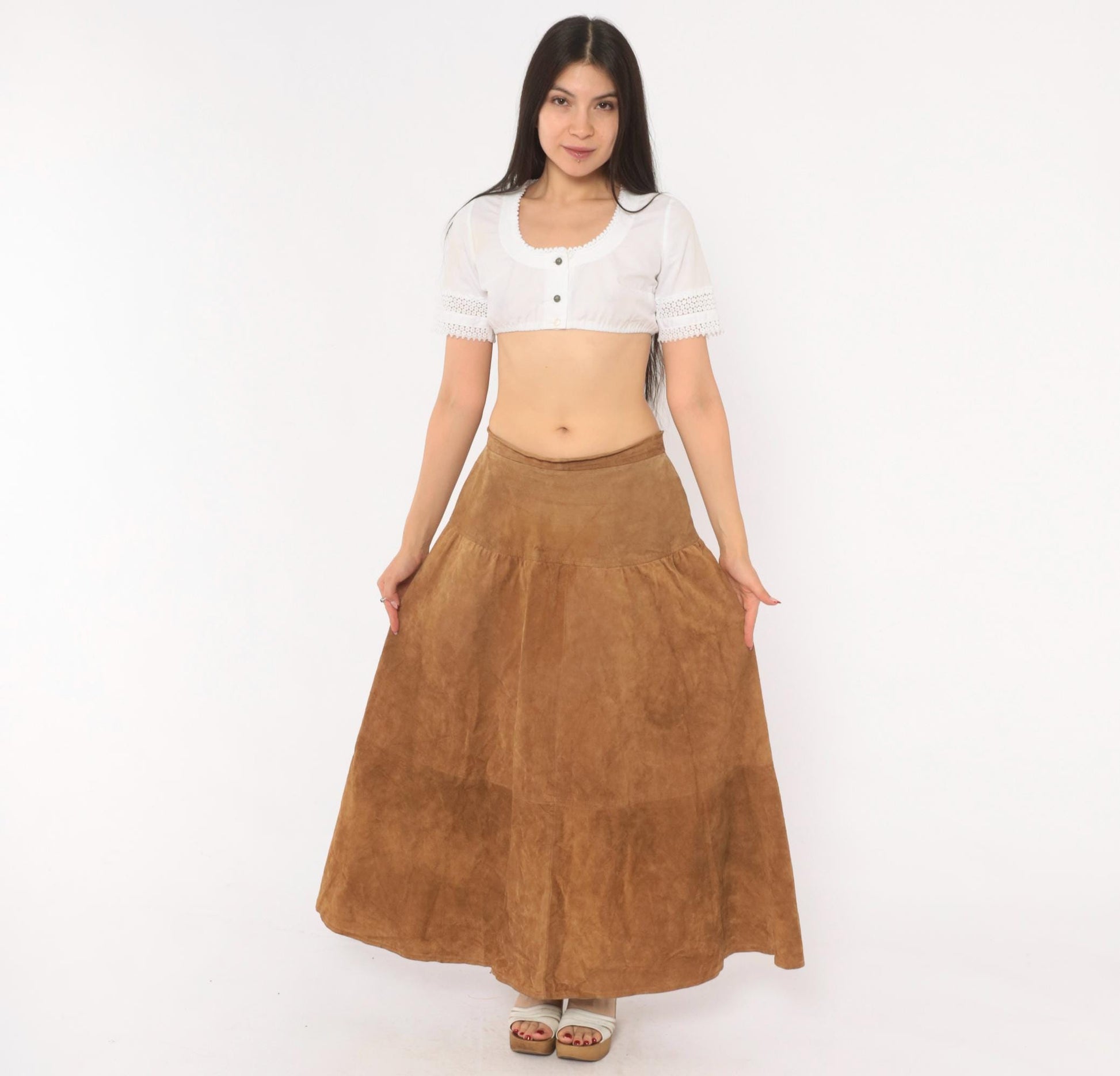 90s JH Collectibles Suede Maxi Skirt Tan A-Line Tiered Medium M