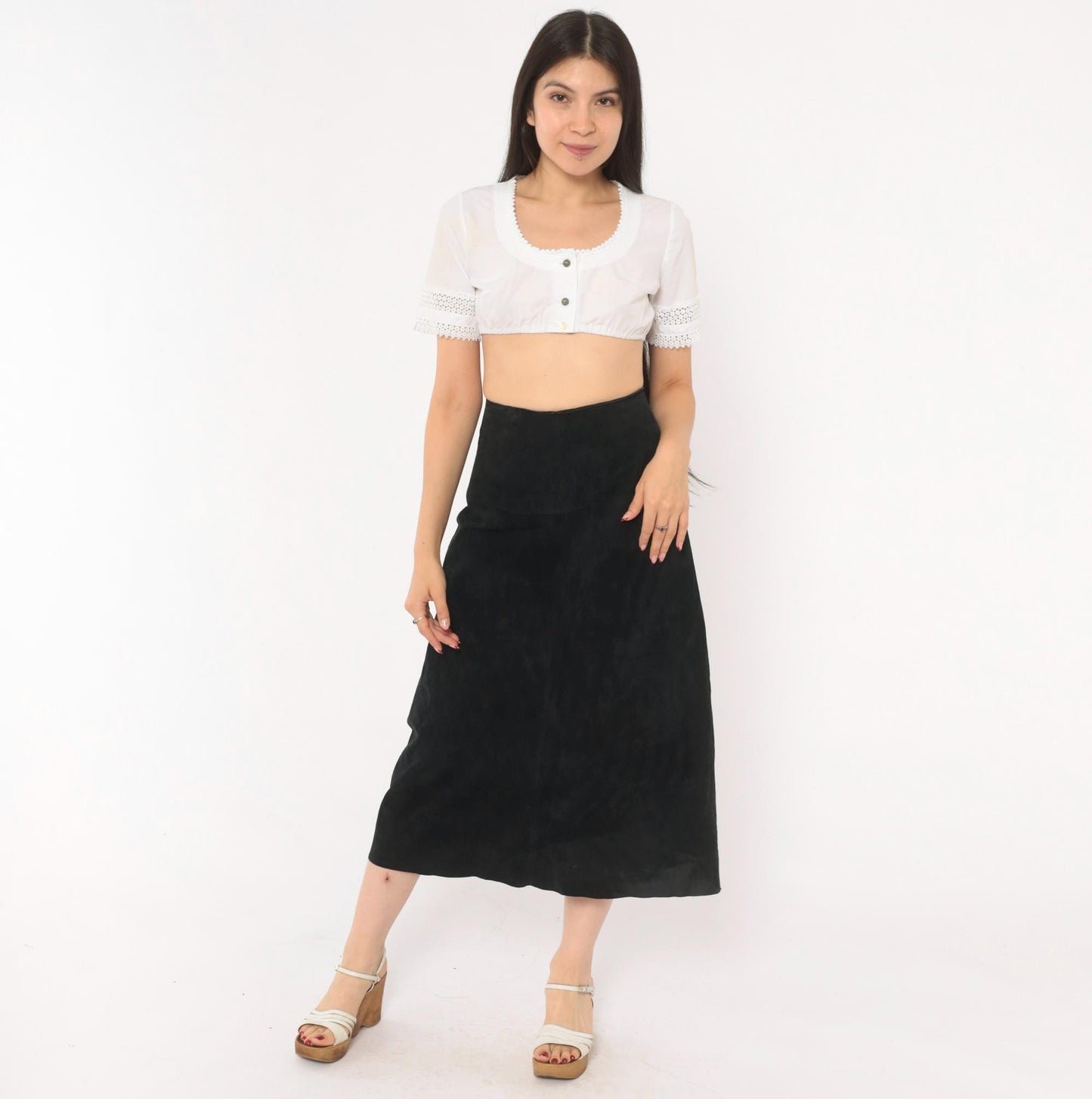 90s Black Suede A-Line Midi Skirt High Waist Paneled Large L