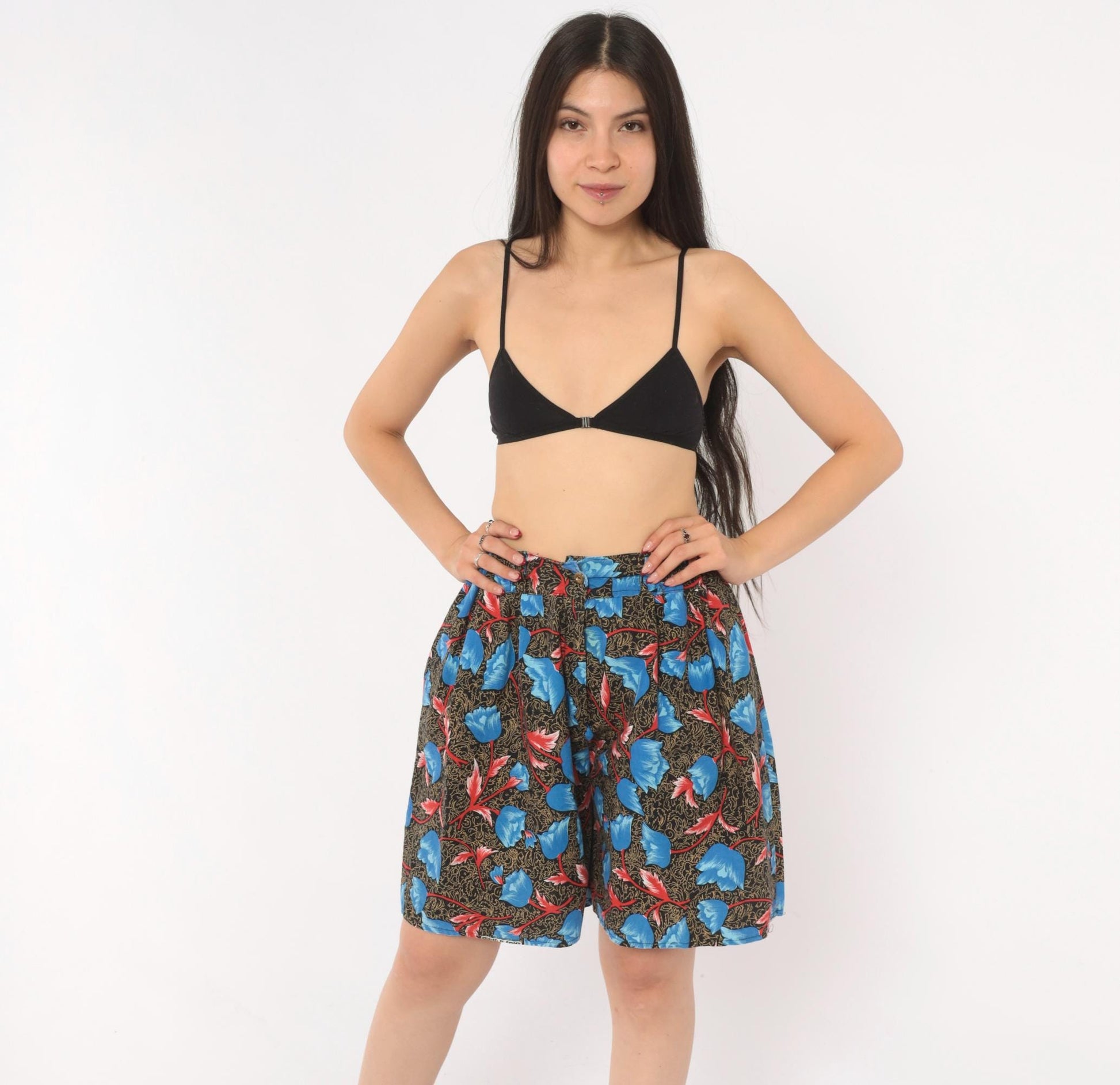 90s Blue Tulip Floral High-Waist Shorts Cotton Pleated Small Medium