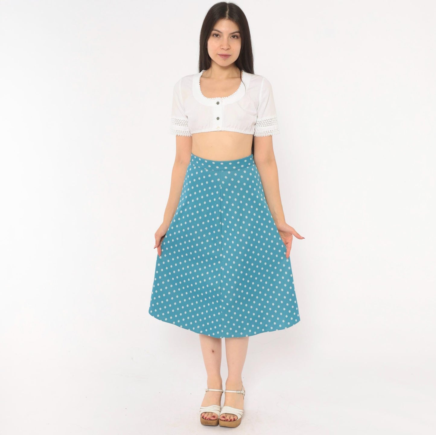 70s Teal Polka Dot A-Line Skirt White Spots Button Back Knee-Length Extra Small