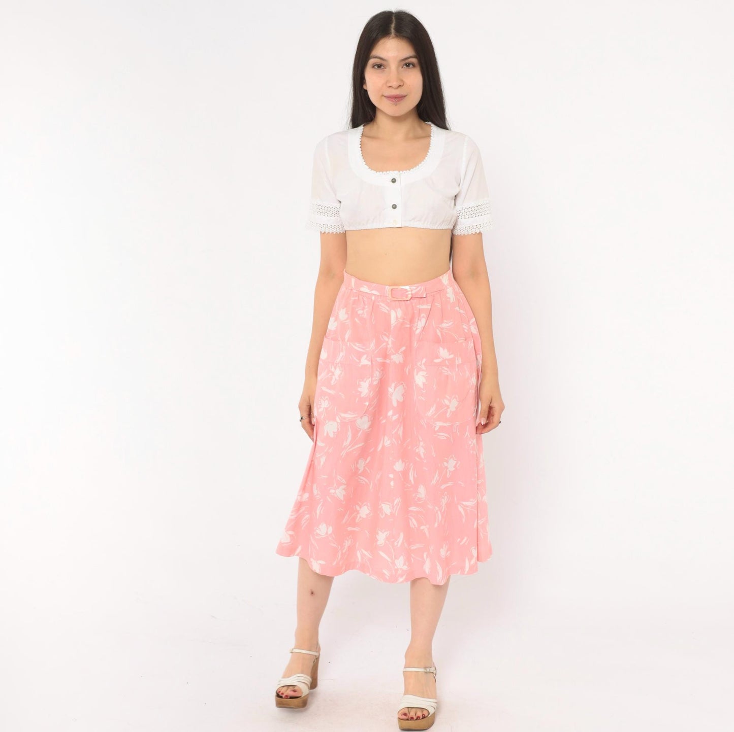 80s Ann Michele Pink Floral Midi Skirt White Tulip Print Small